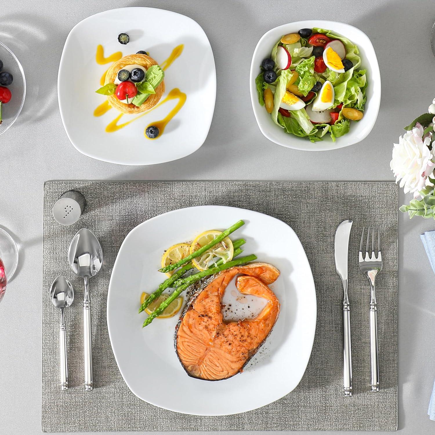 MALACASA Plates and Bowls Set, 12 Pieces Porcelain Dinnerware Sets, Gray White Dishes Set for 4, Chip and Scratch Resistant Square Dishware Sets, Series ELISA