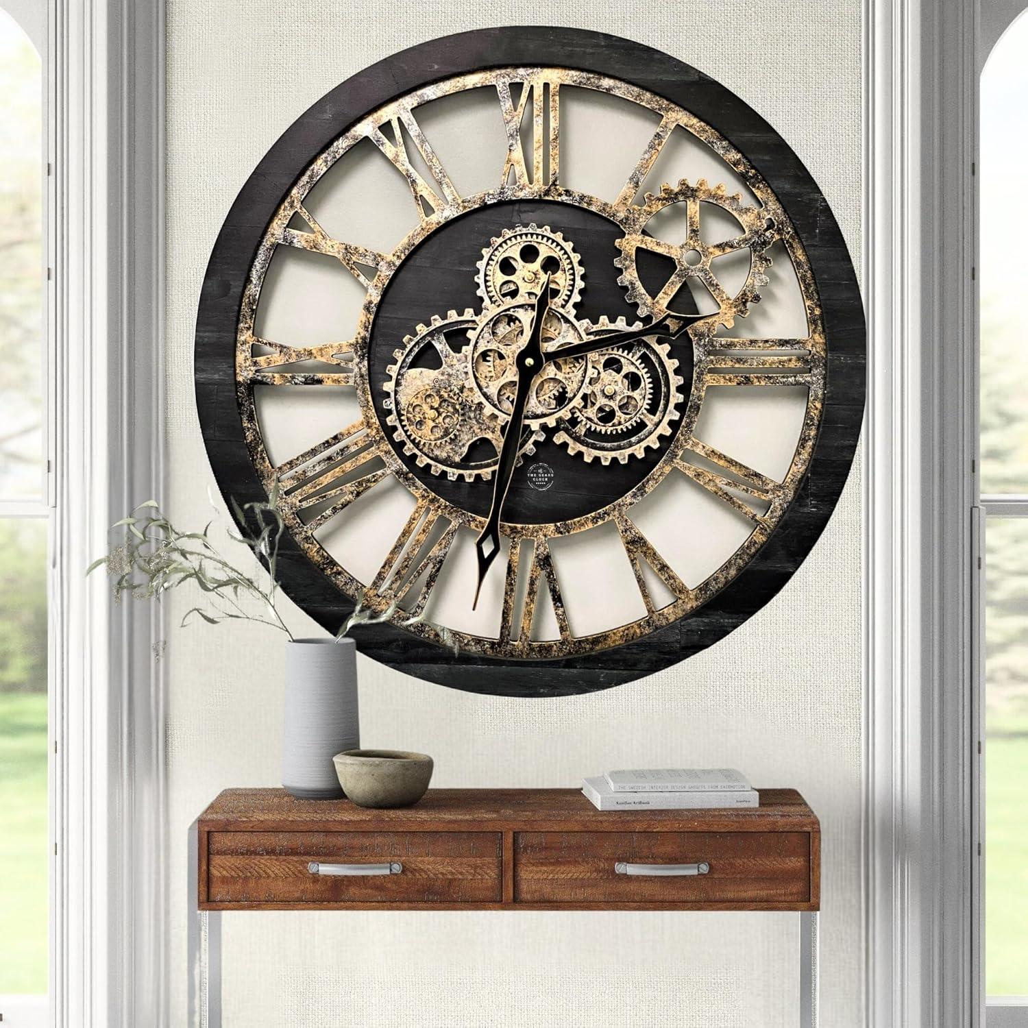 THE GEARS CLOCK Wall Clock with Real Moving Gears AM-LI_ 24 in Round Vintage-Black