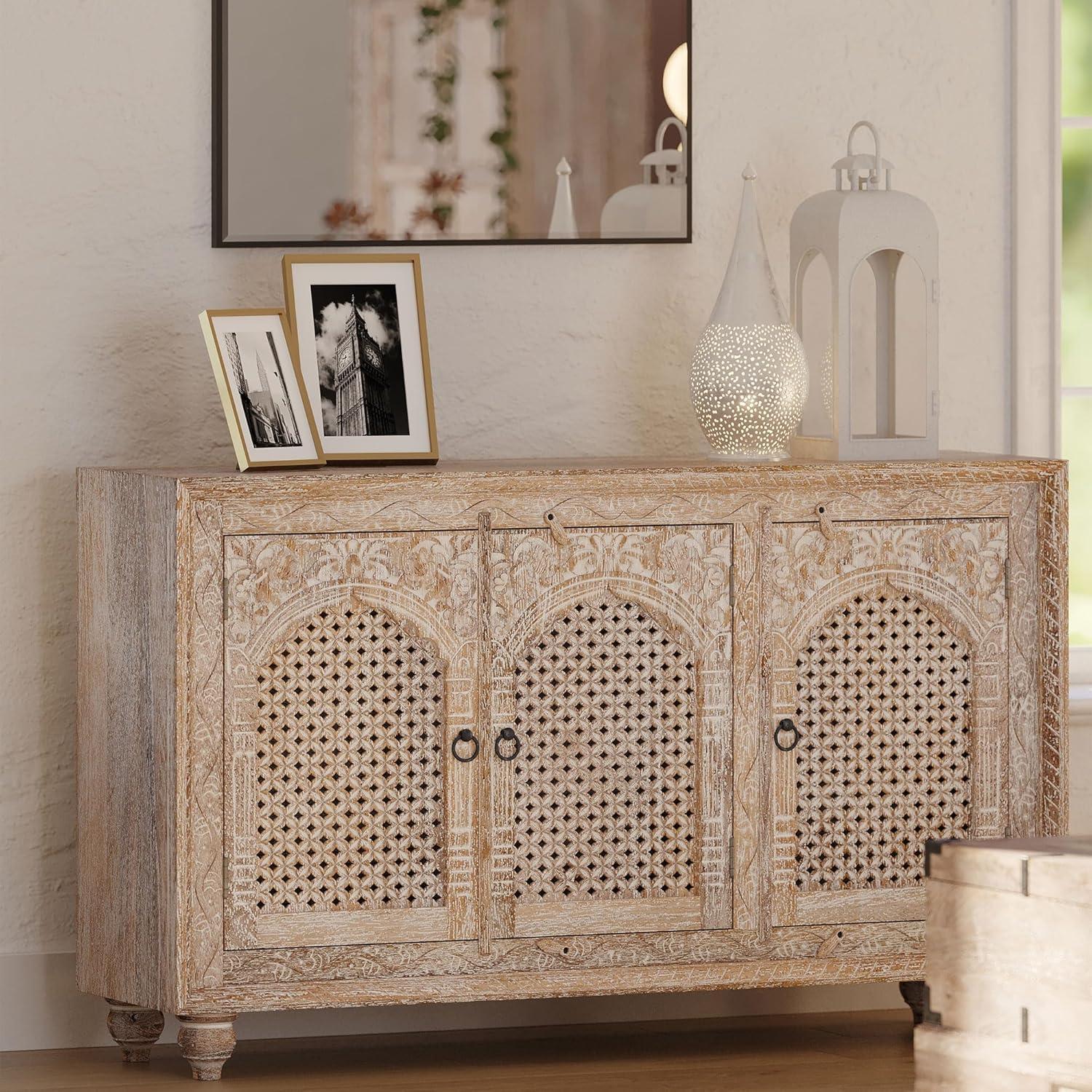 Patrin Distressed Natural Mango Wood Sideboard with Carved Doors