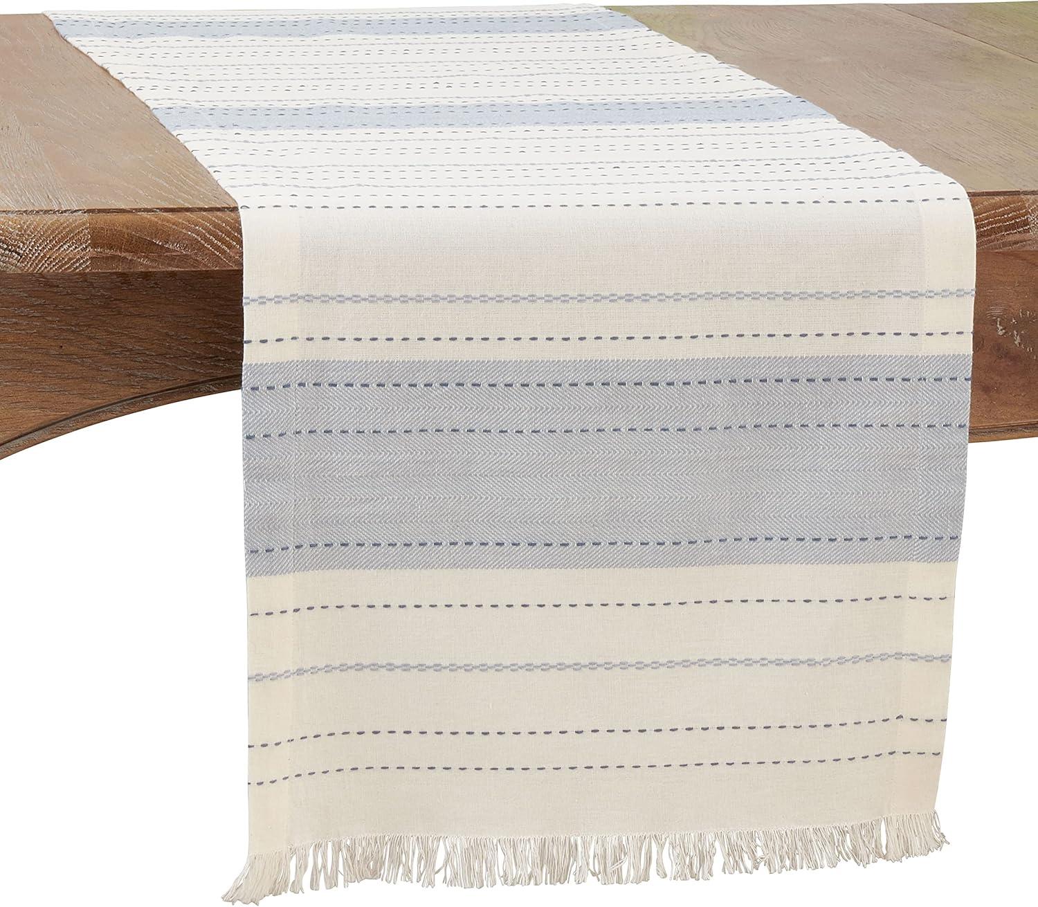 Blue and Off-White Cotton Striped Dobby Table Runner