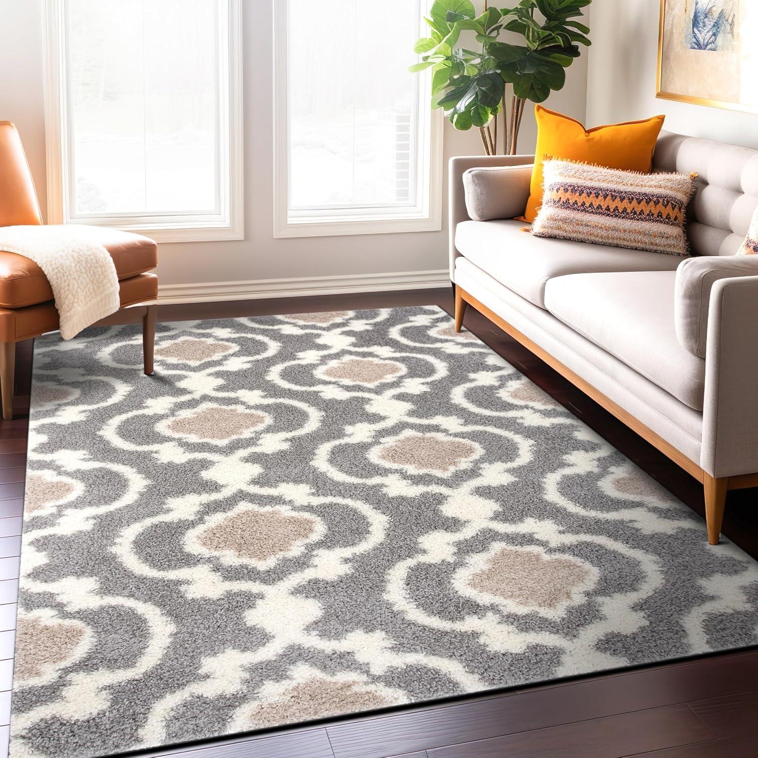 World Rug Gallery Cozy Moroccan Trellis Shag Area Rug - Gray 5'3" x 7'3"