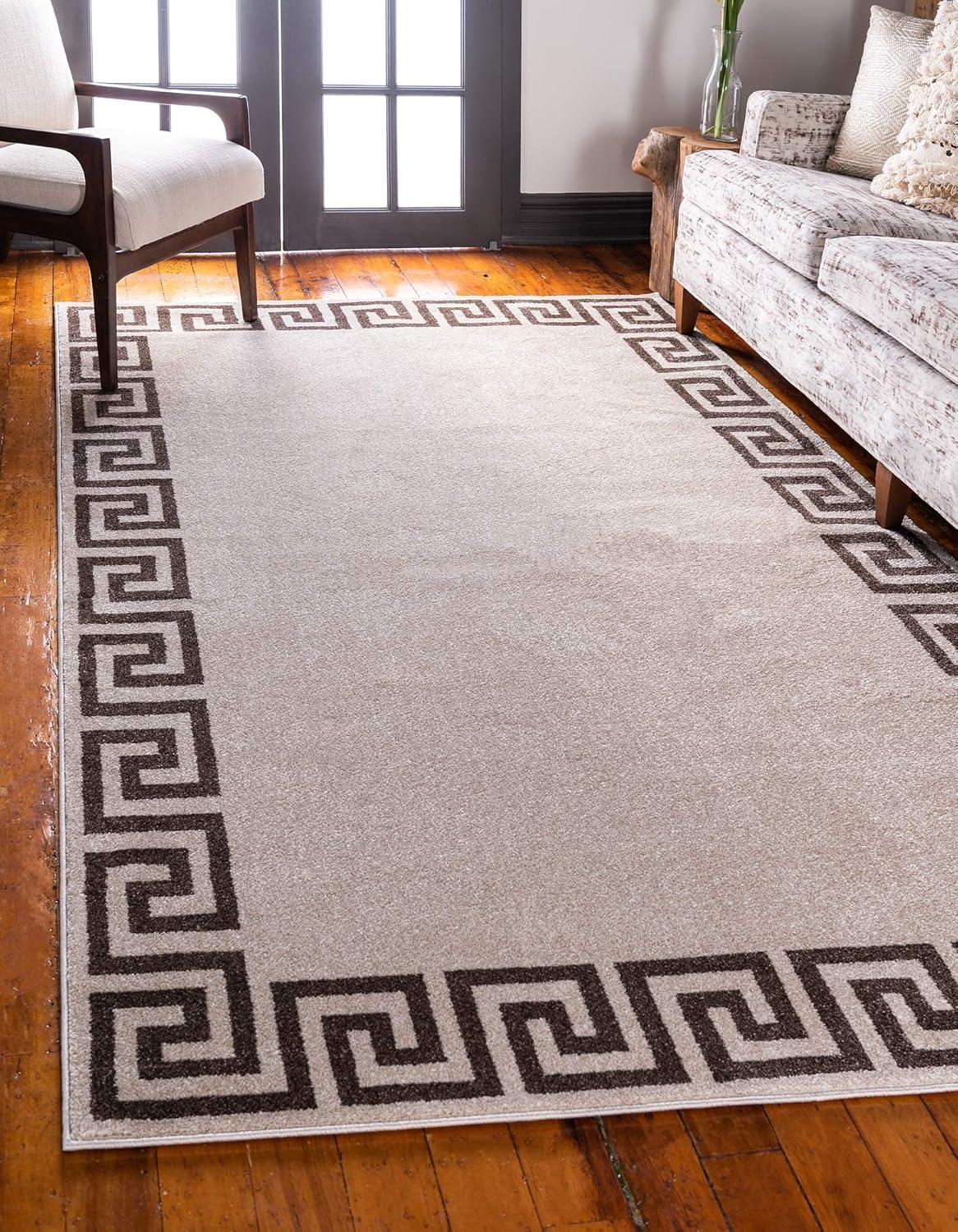 Athens Beige and Brown Geometric Border 5' x 8' Area Rug