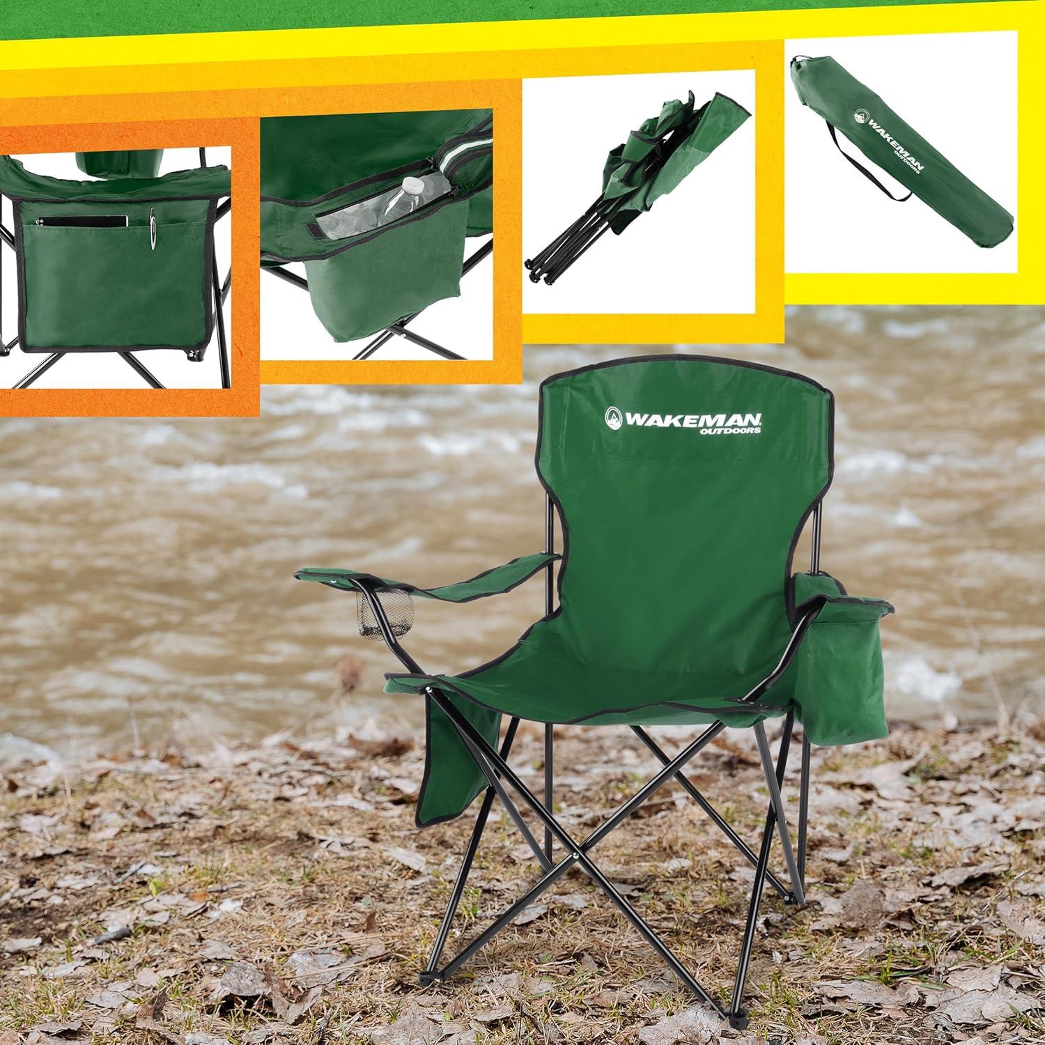 wakeman Wakeman Oversized Camping Chair with Cupholder and Cooler- Folding Chair with 300lb Capacity, Green