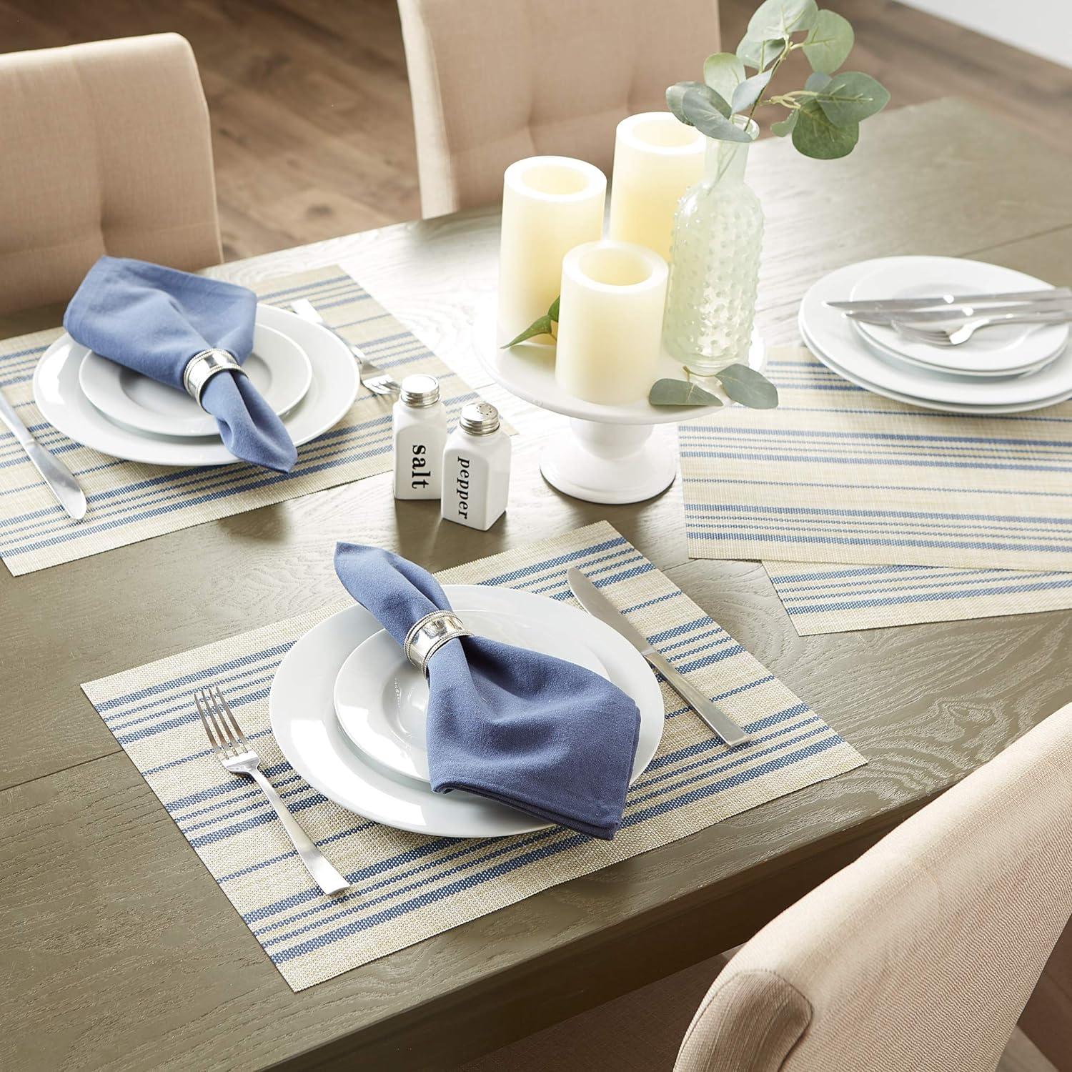 French Blue and Beige Striped PVC Woven Placemat Set