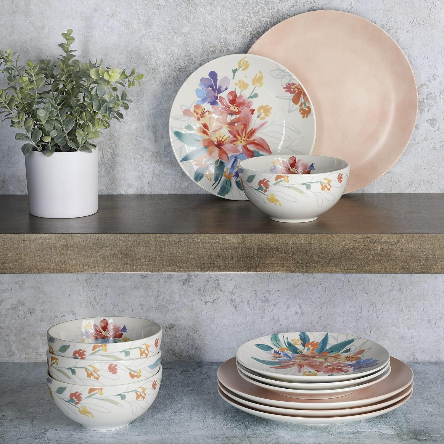 Pink Floral Porcelain 12-Piece Dinnerware Set, Service for 4