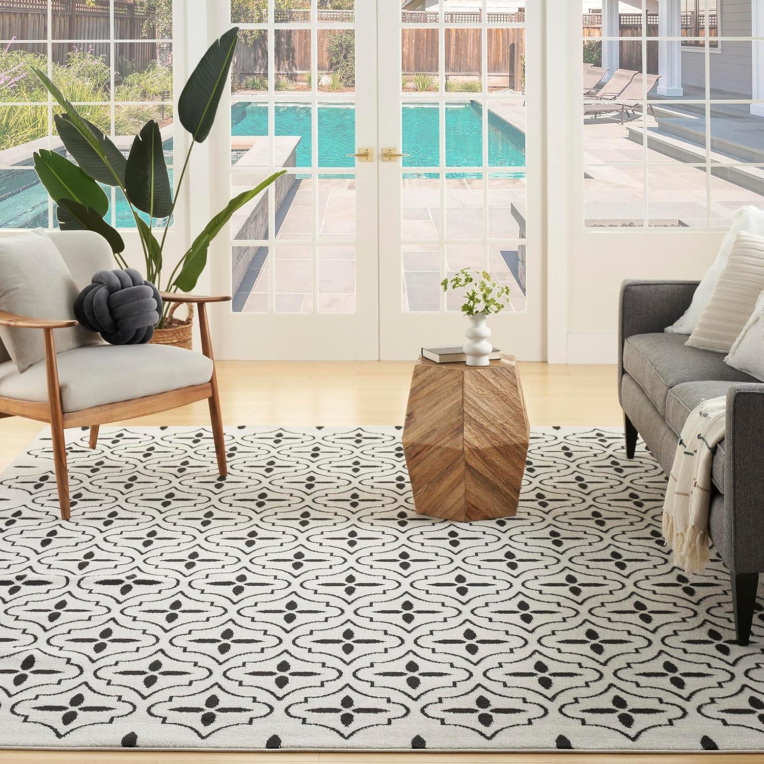 Nourison Essentials Moroccan Modern Indoor Outdoor Rug Ivory Black 8' x 10'