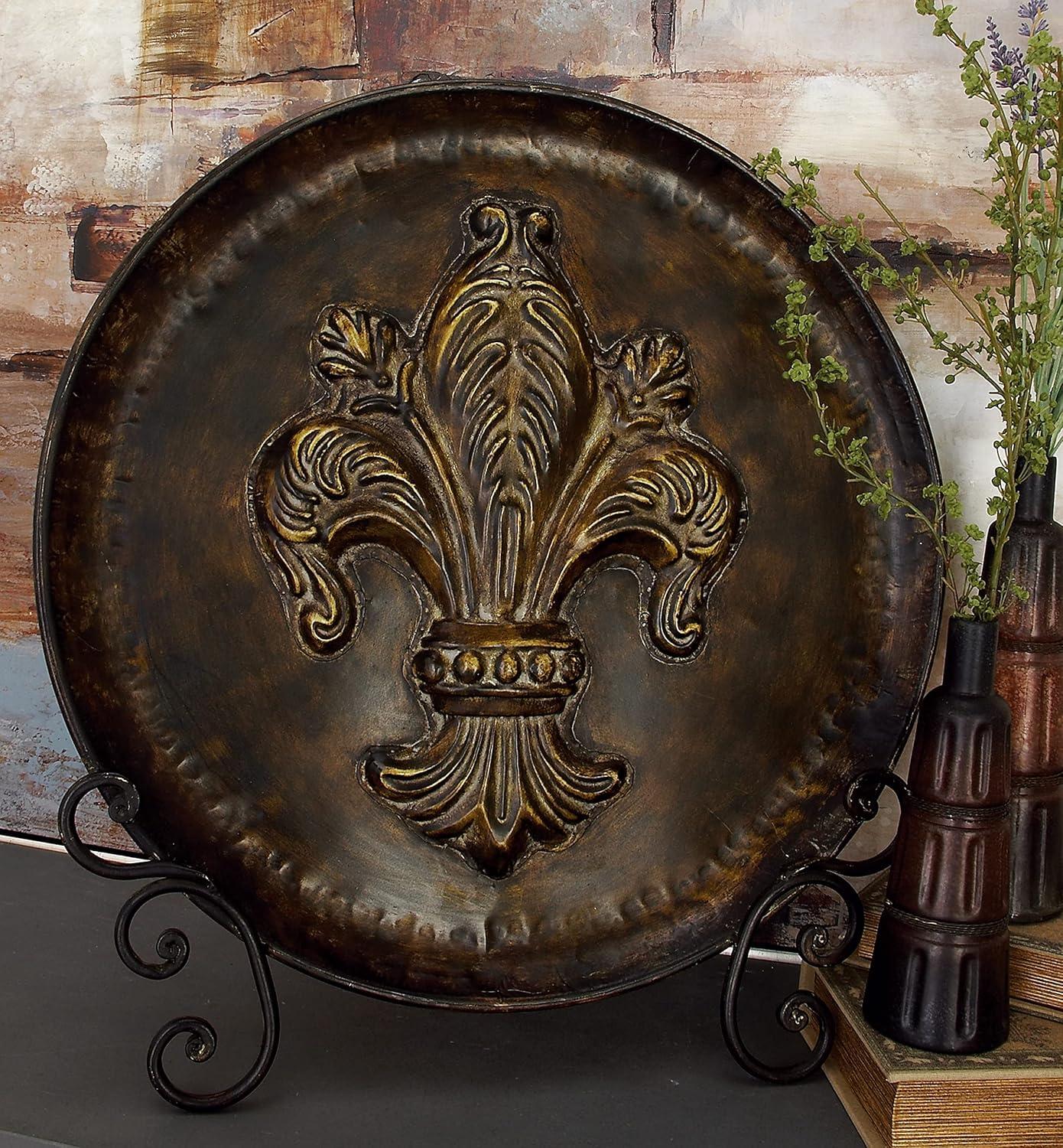 DecMode 14" Round Fleur De Lis Embossed Detail Brown Metal Charger with Stand