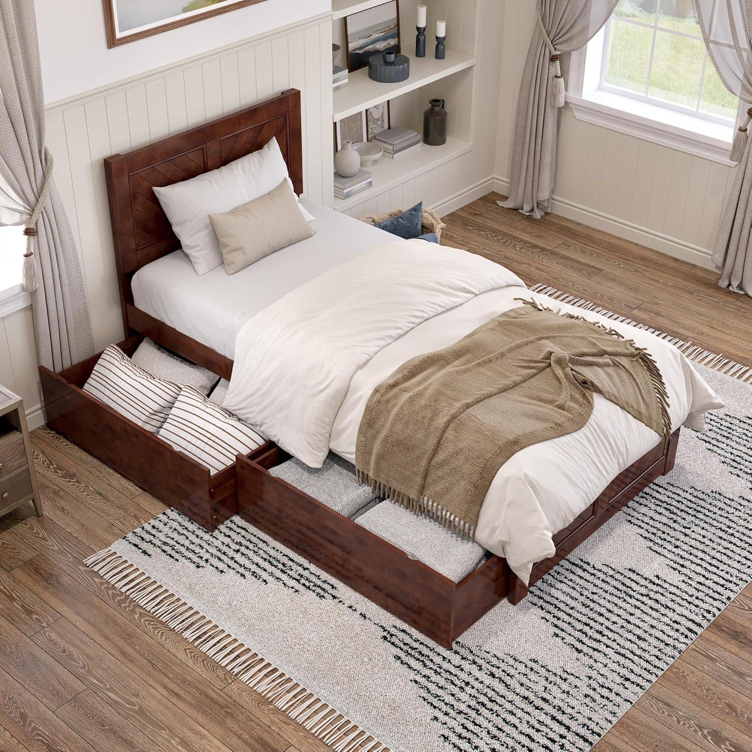 AFI Canyon Walnut Solid Wood Platform Bed with Matching Footboard & Storage Drawers, Queen