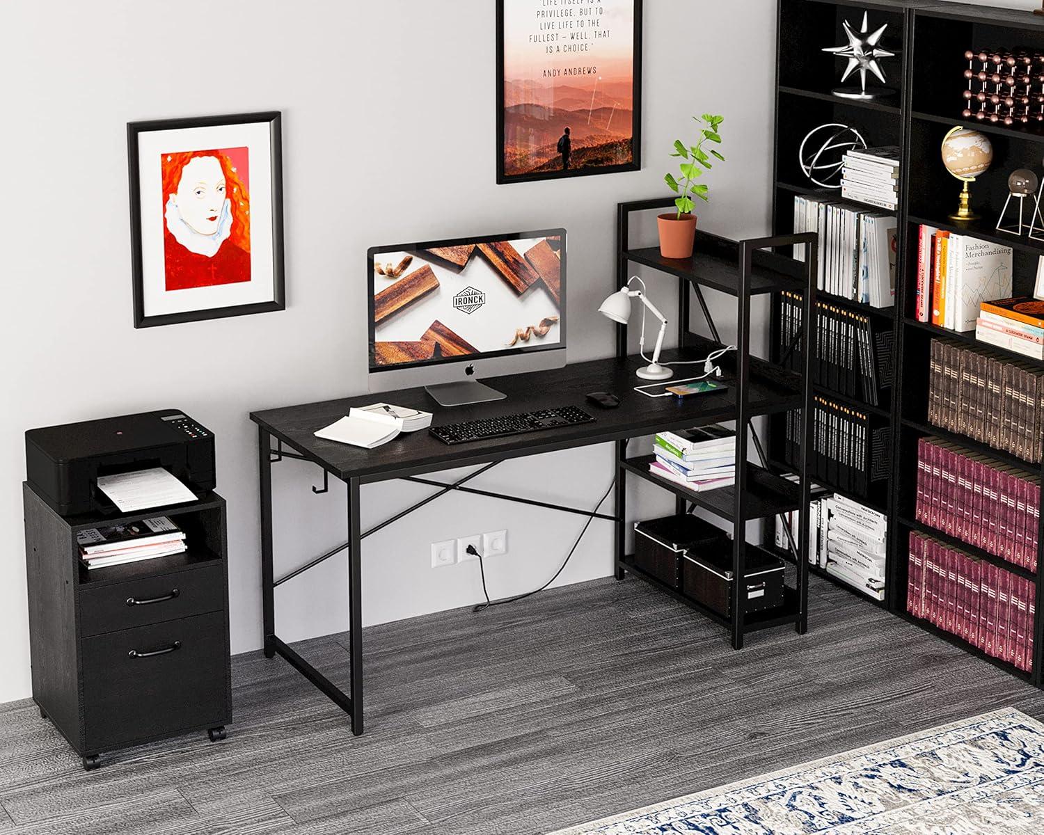 IRONCK Computer Desk 47" with Power Outlet and Storage Shelves, Study Writing Table with USB Ports Charging Station, PC Desk Workstation for Home Office, Black