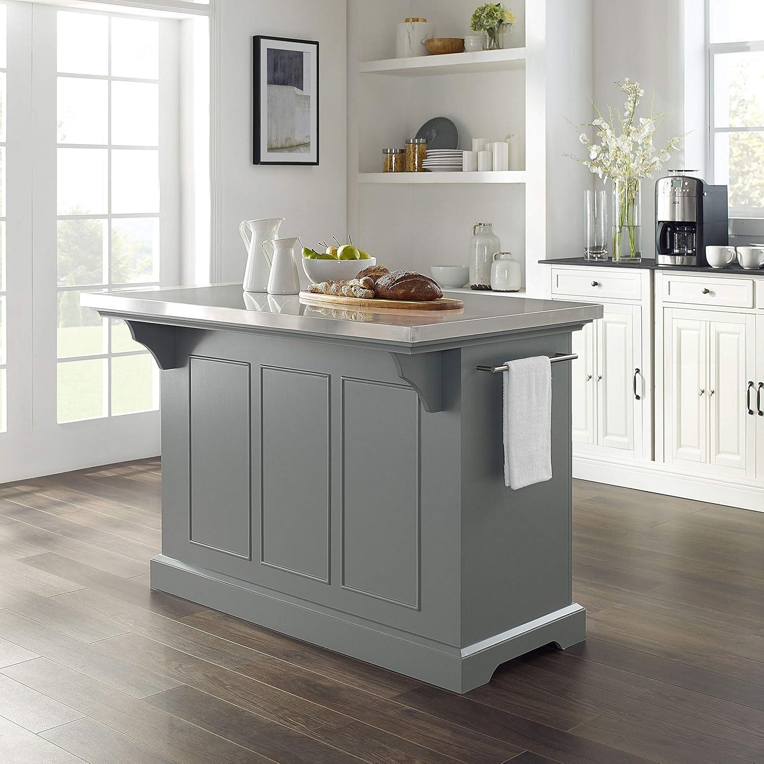 Julia Gray Stainless Steel Top Kitchen Island with Storage