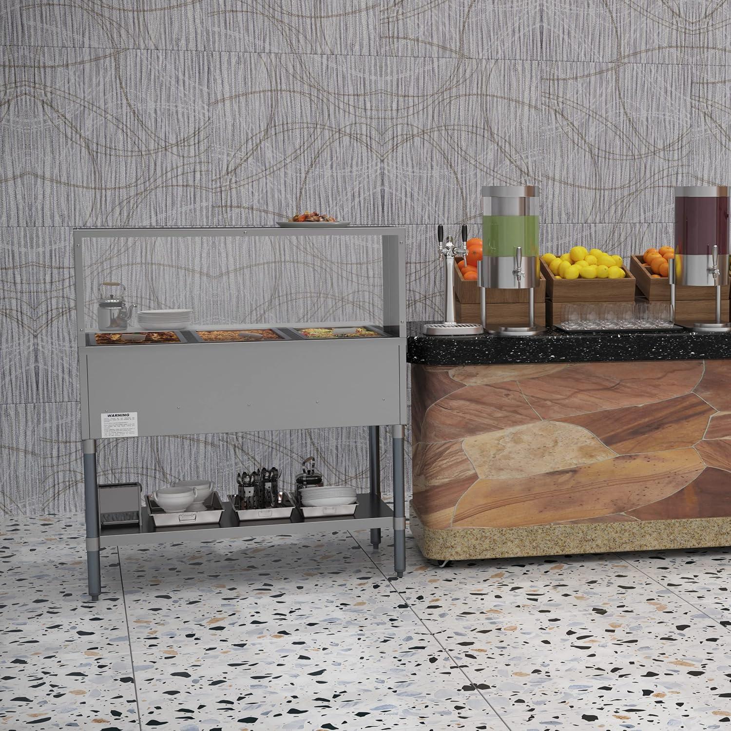 Five Pan Open Well Electric Steam Table with Undershelf and Sneeze-Guard, 240V, KM-OWS-5SG.