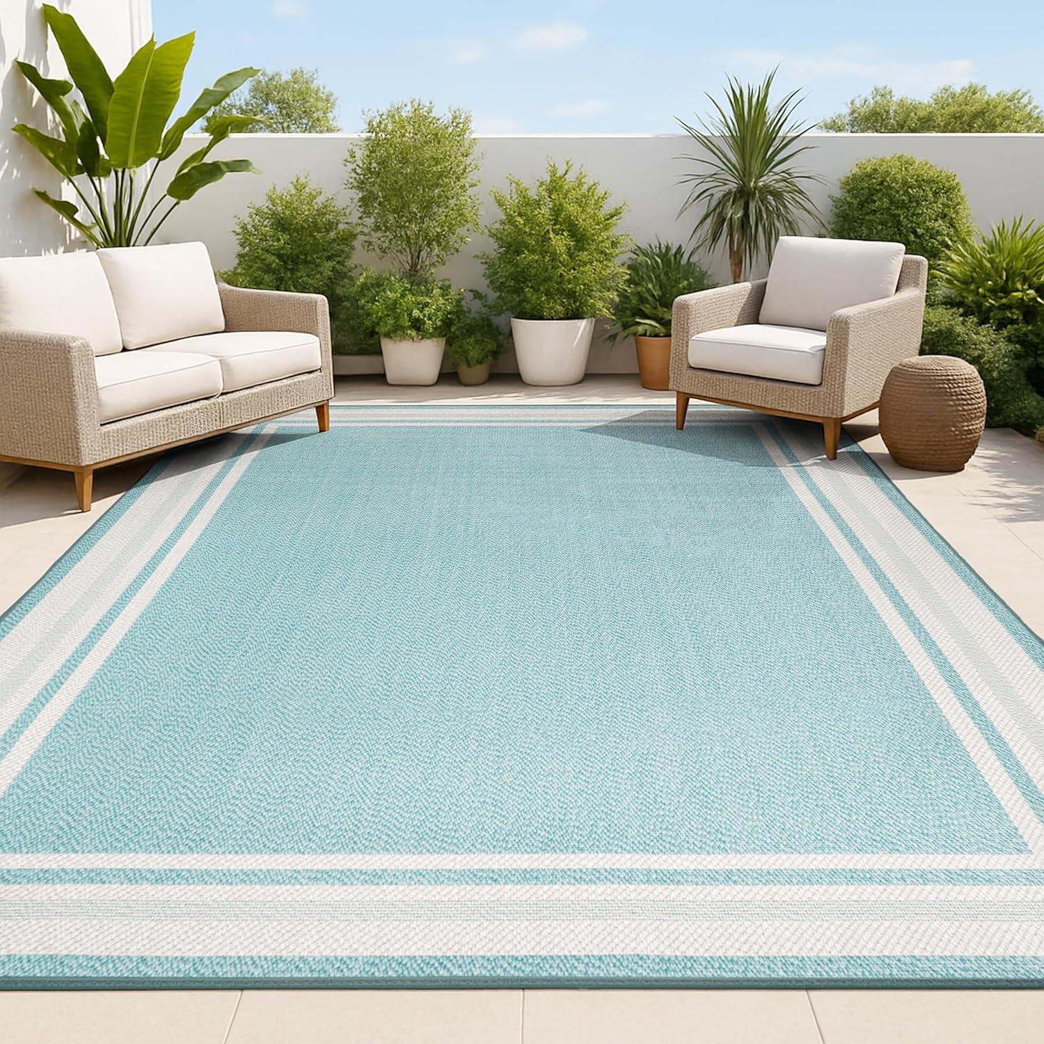 5' x 8' James Modern Border Stripe Indoor/Outdoor Area Rug, Aqua/Beige - JONATHAN Y
