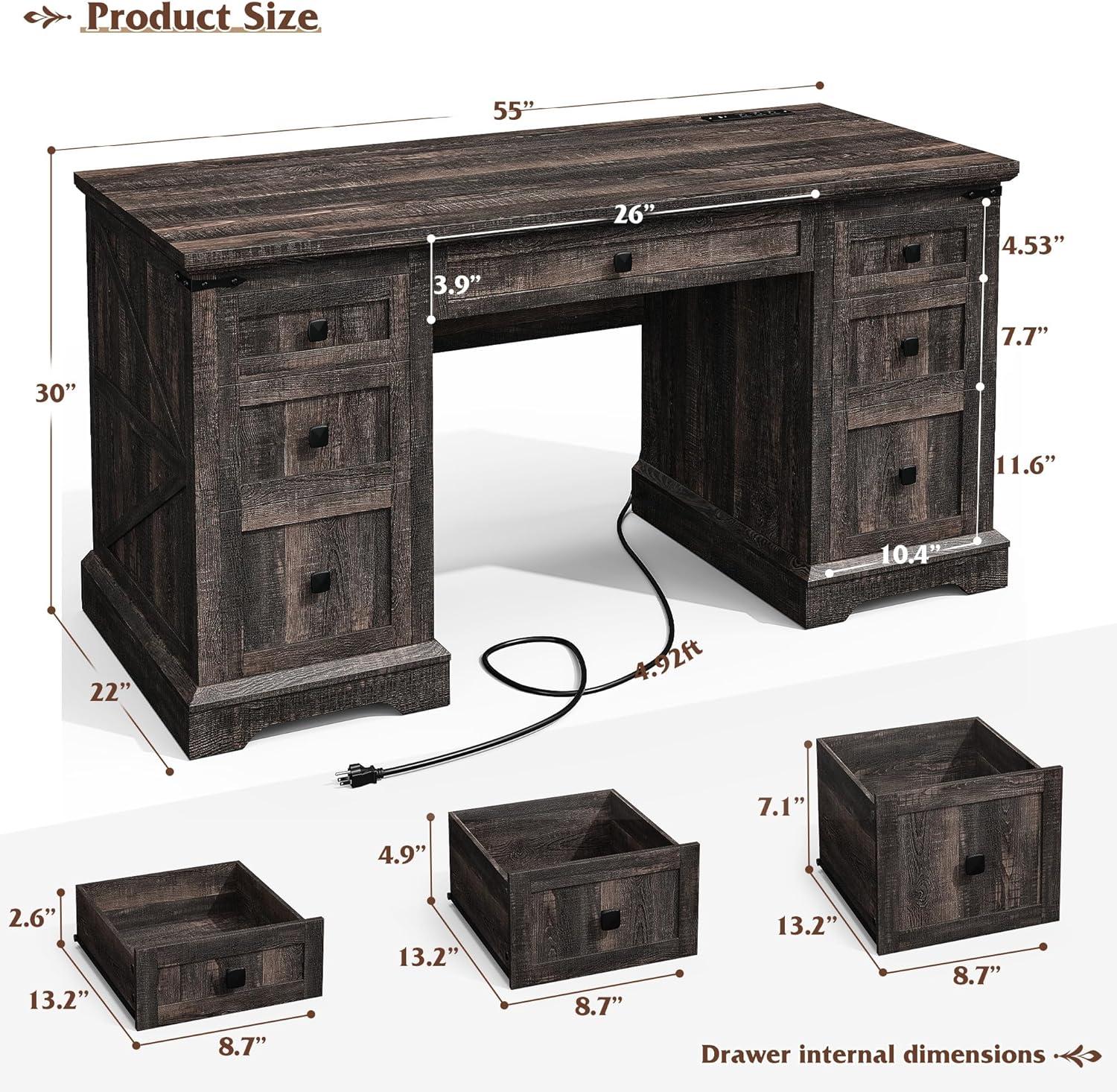 August Grove® 55'' W Computer Desk With Outlet, Farmhouse Executive Desk With 7 Drawers For Office Home