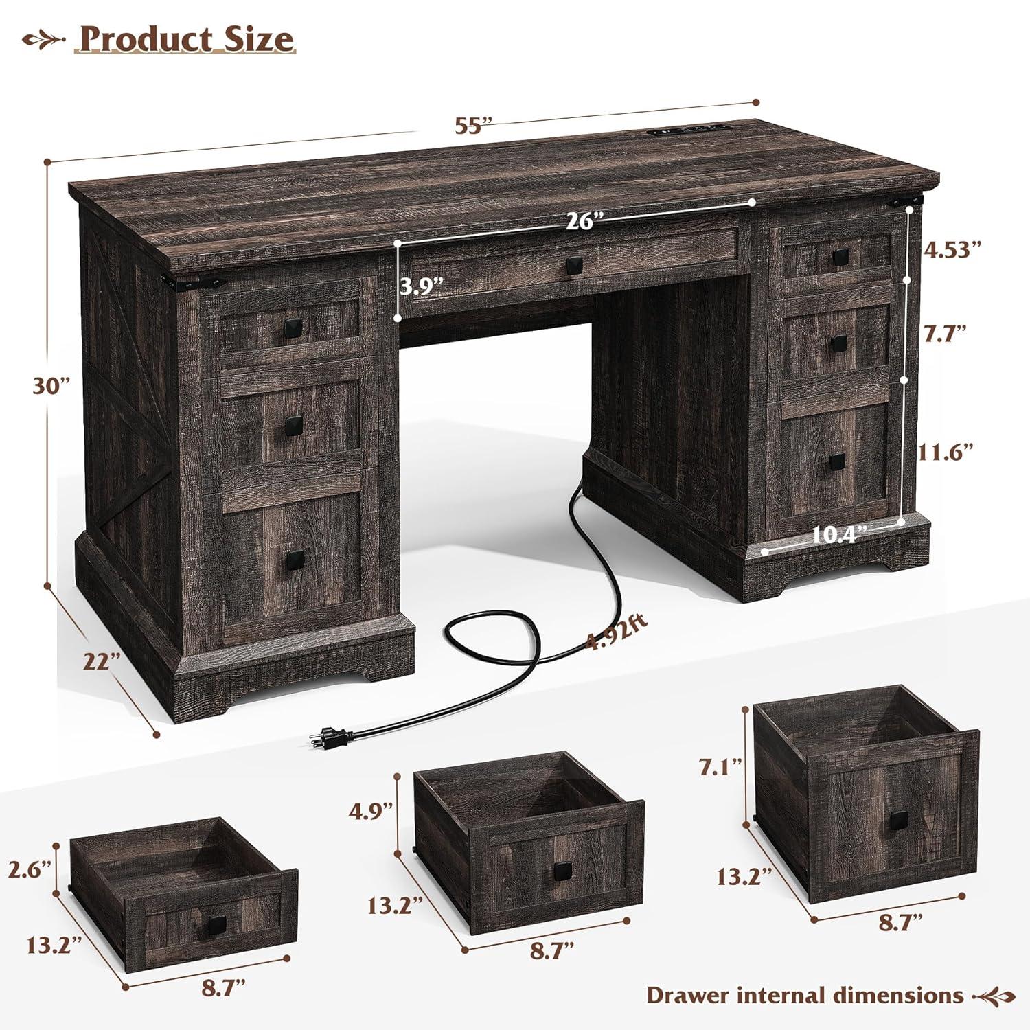 August Grove® 55'' W Computer Desk With Outlet, Farmhouse Executive Desk With 7 Drawers For Office Home