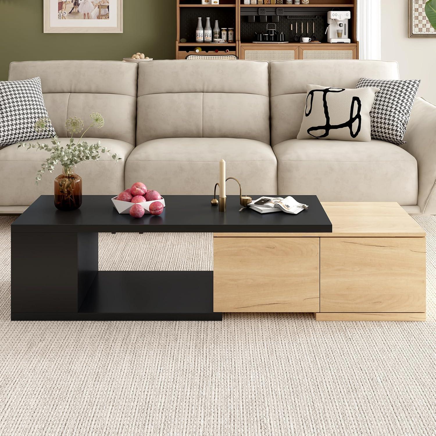 Black and Wood Extendable Coffee Table with Storage Drawers