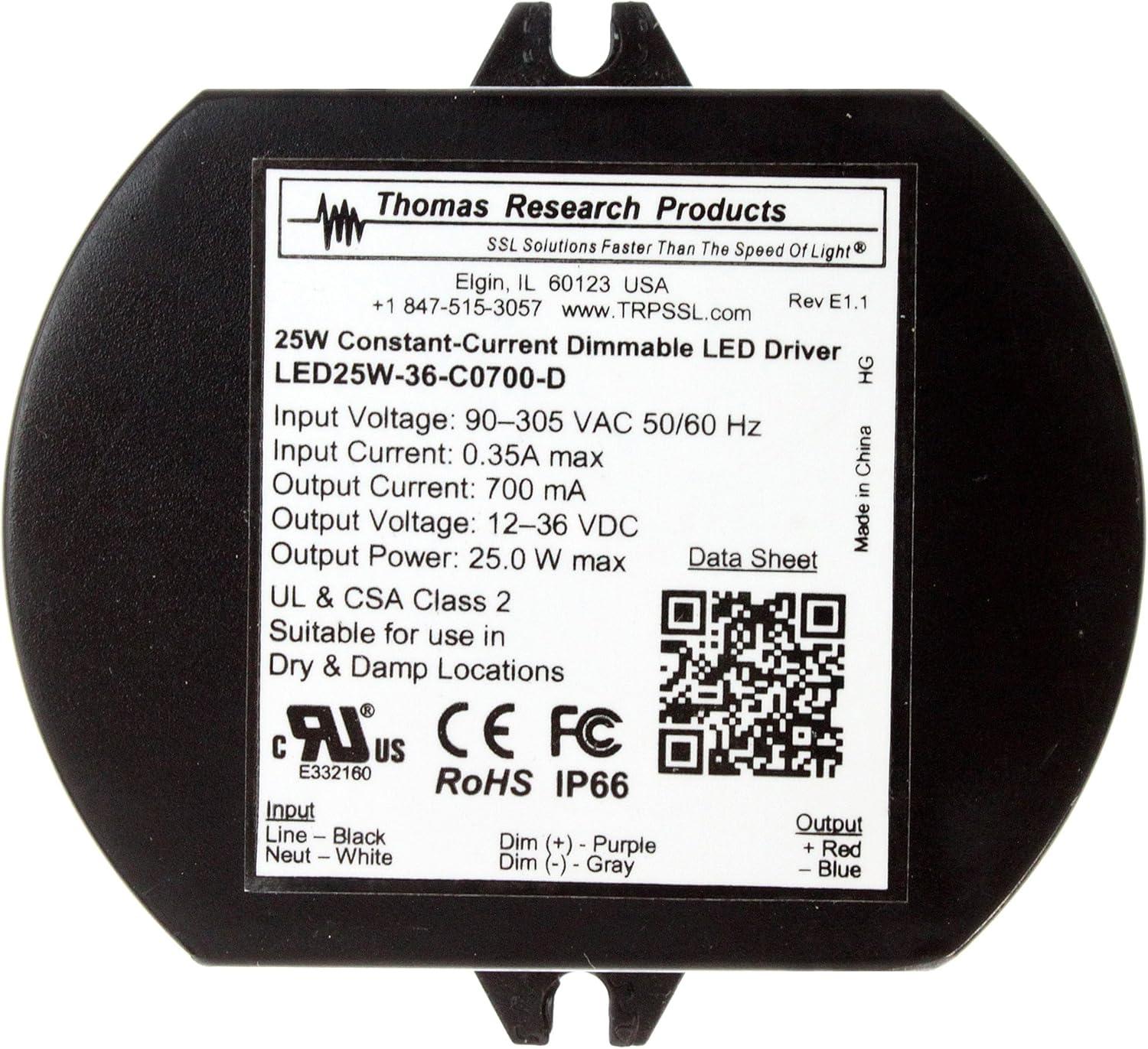 Thomas LED25W-36-C0700-D Constant Current Dimmable LED Driver, 700mA, 12-36VDC