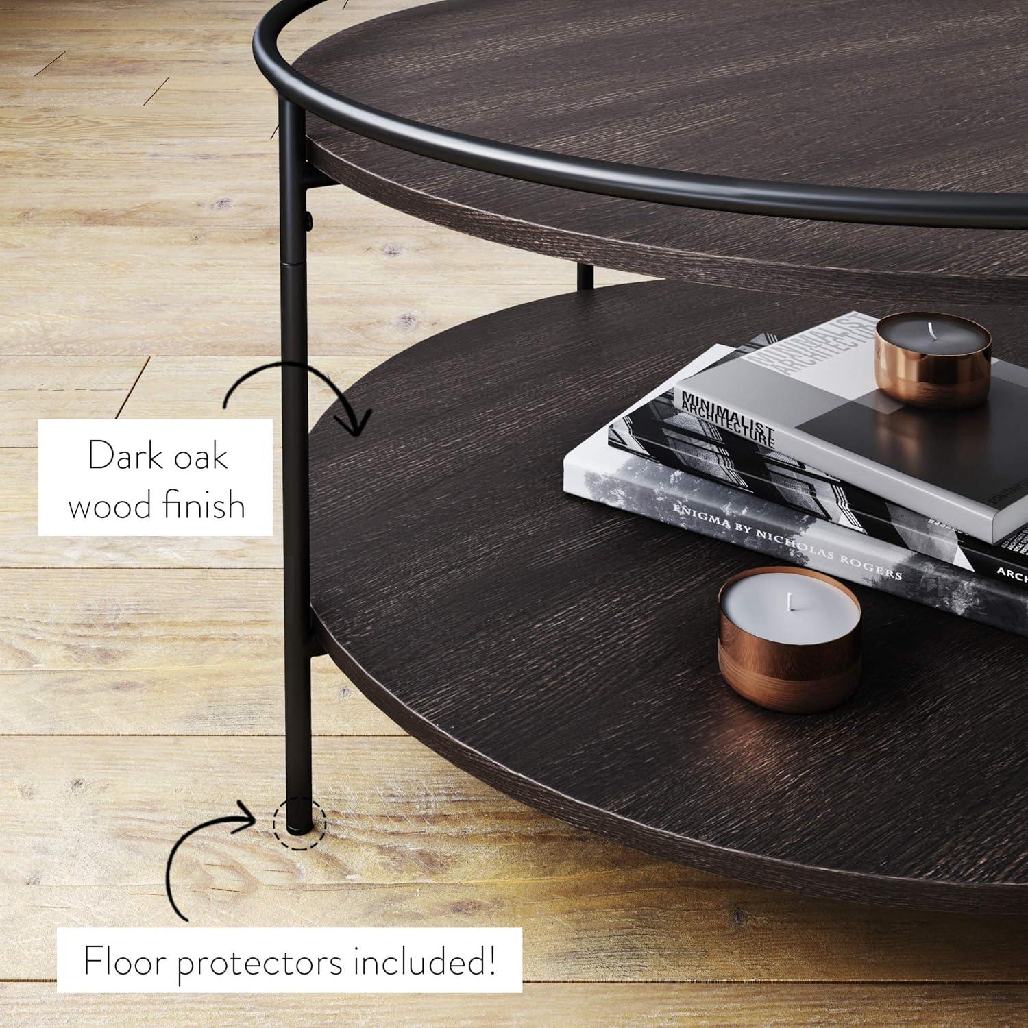 Nathan James Paloma Round Coffee Tea or Cocktail with Raised Tray Top Edge Tables, 2-Tier Minimalist Style Living Room, Dark Oak/Matte Black