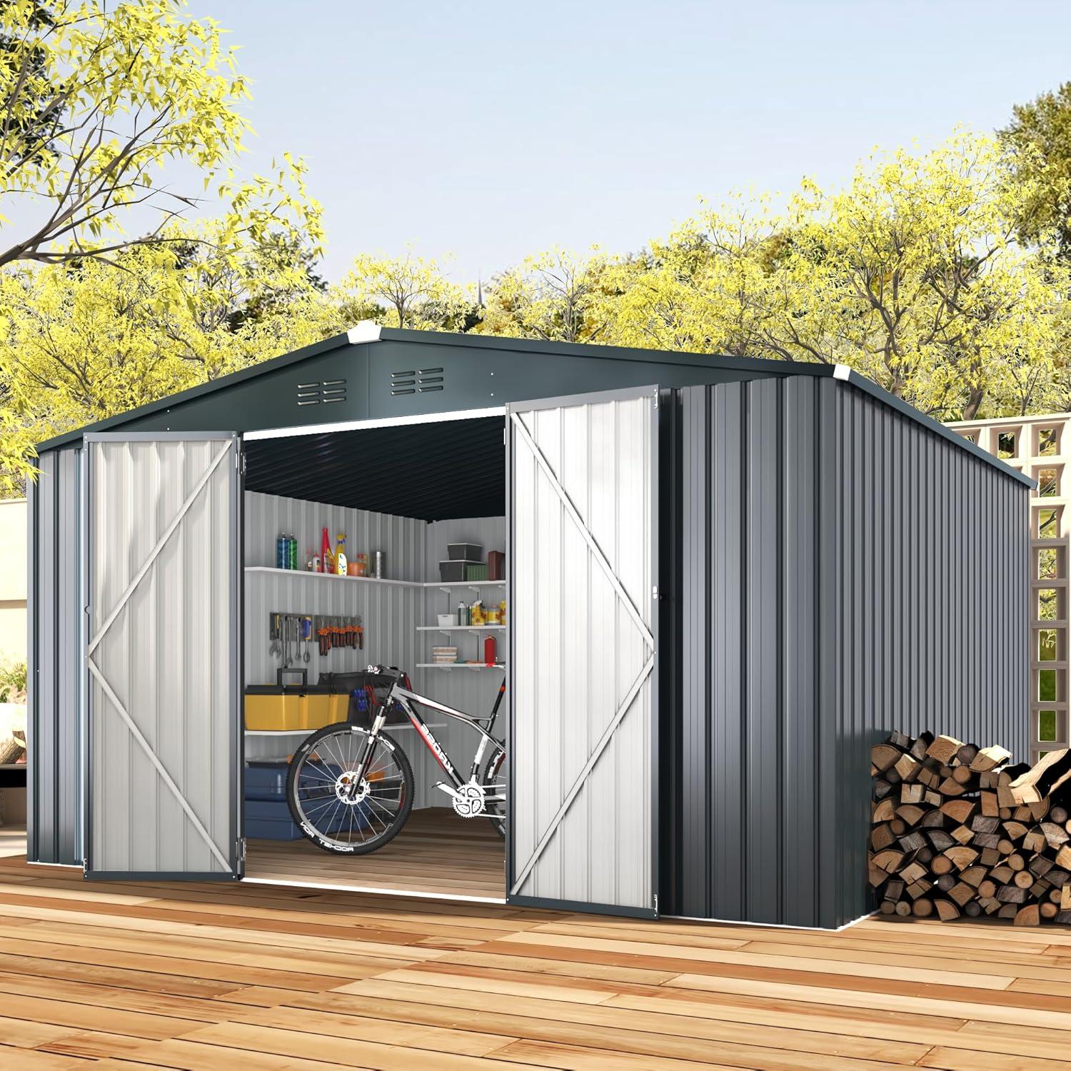 AECOJOY 12' x 10' Outdoor Storage Shed with Lockable Door Patio Metal Garden Storage Building in Dark Gray for Outside