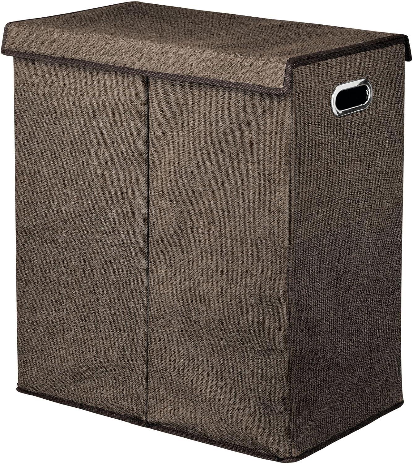 mDesign Divided Laundry Hamper Basket with Lid, Chrome Handles, Espresso Brown