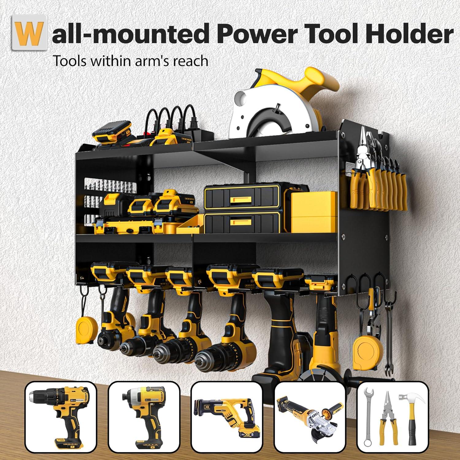 Spampur Power Tool Organizer Wall Mount with Charging Station, Garage Tool Shelf 6 Drill Holders, Tool Battery Holder with Plier holder Heavy Duty Rack, Tool Storage Rack with 4 Outlet Power Strip