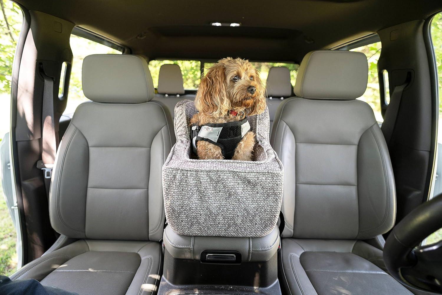 Snoozer Large High Back Console Dog Car Seat Travel Dog Bed Carrier for Dogs up to 12lbs, Provides Safe Pet Travel with Dog Car Seat Belt Harness Strap, Removable Machine Washable Merlin Linen Cover