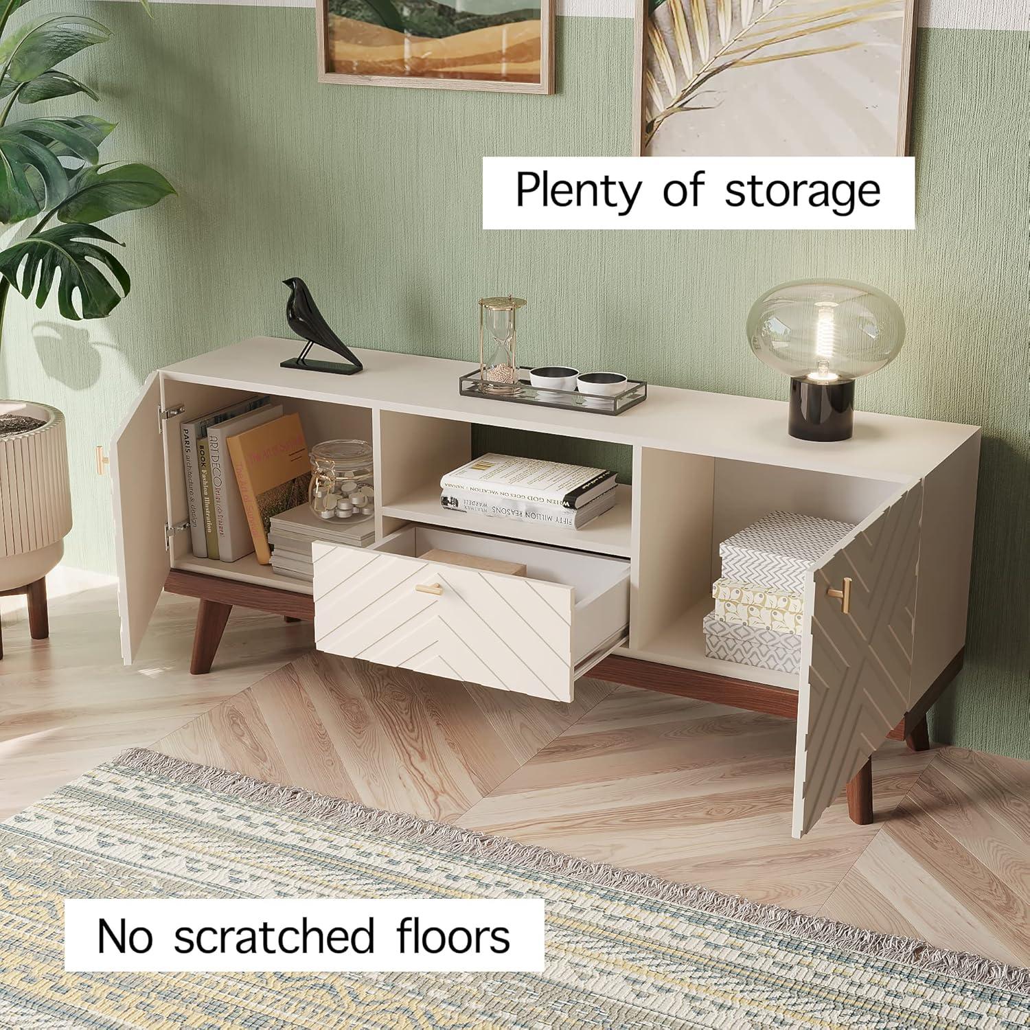 Living Skog  Alba Beige TV Stand Console with Drawer Fits TV's up to 65 in. with Wood Legs Mid Century Modern Design Beige Laminate Up to 240 lbs