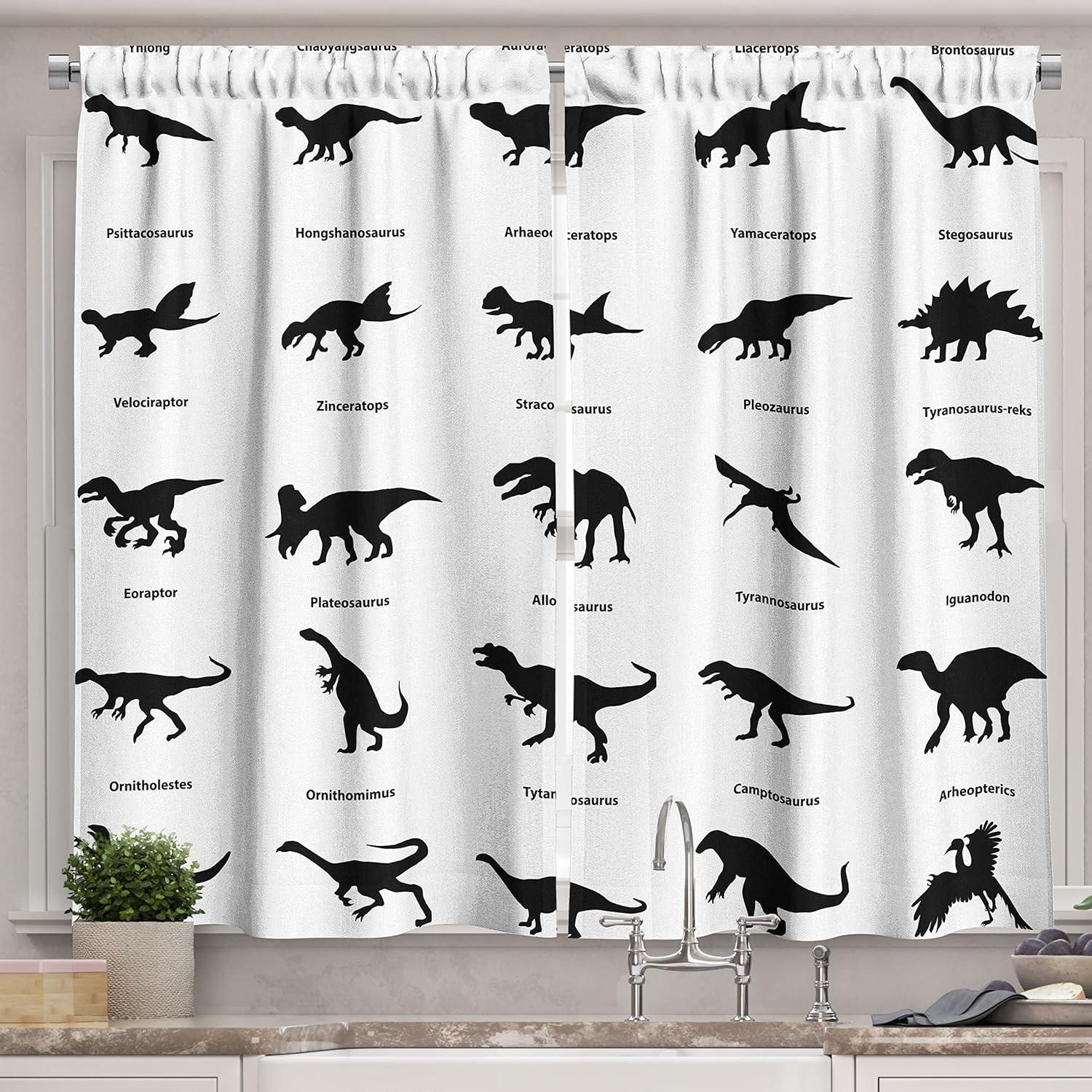 White and Black Dinosaur Silhouette Polyester Kitchen Curtains