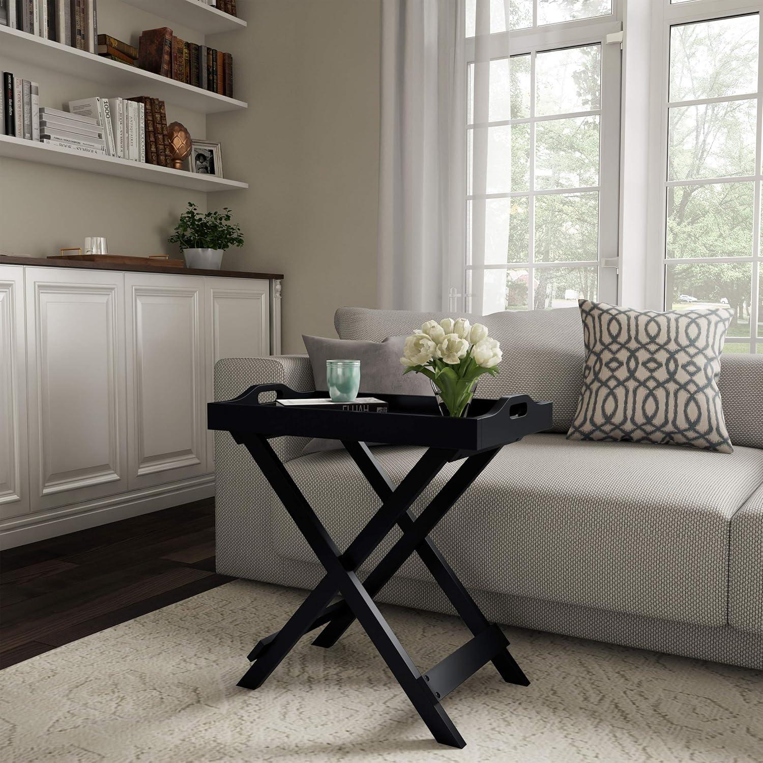 Black Folding End Table with Removable Tray Top