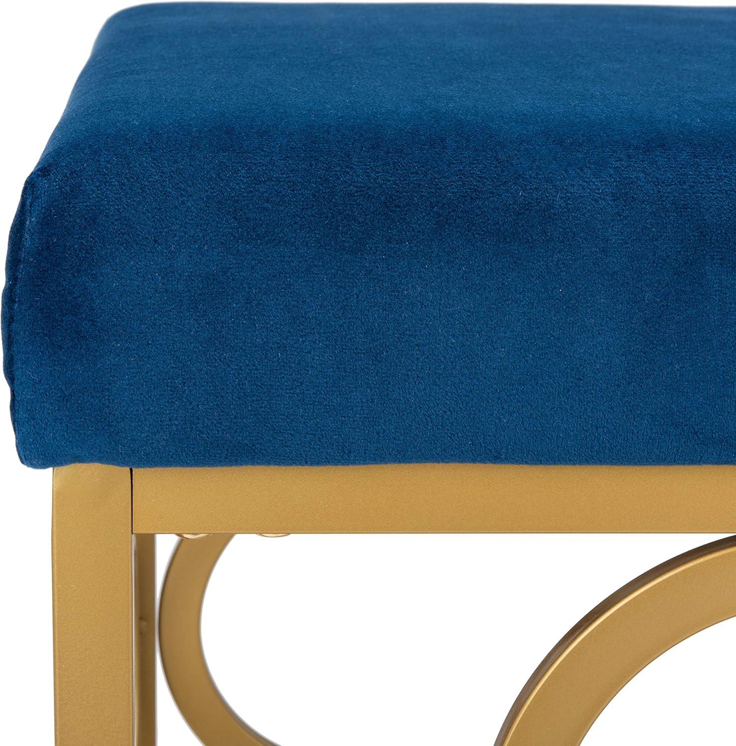 Elegant Navy Velvet Square Ottoman with Gold Quatrefoil Base