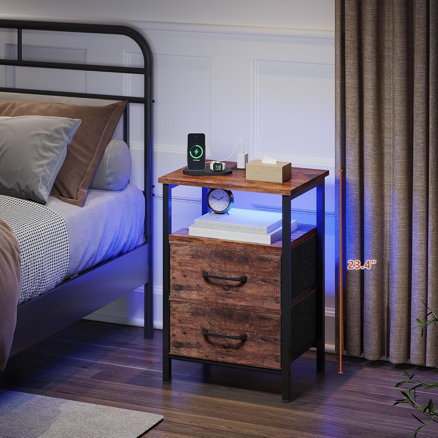 End Table with Charging Station, Narrow Side Table with 2 Fabric Drawers, Skinny Nightstand with LED Light, Slim Bedside Table for Bedroom, Living Room, Small Spaces, White