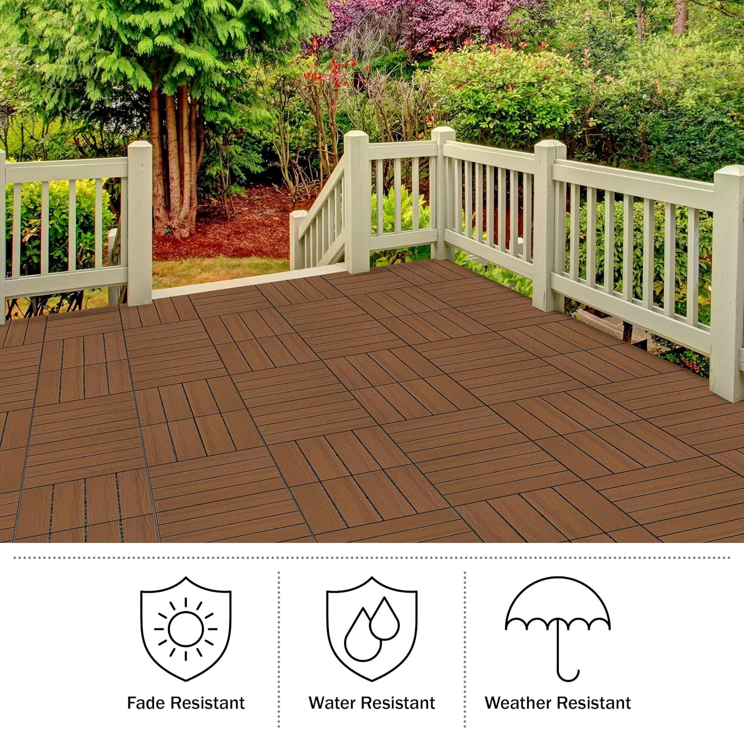 Deck Tiles - 6-Pack Wood Plastic Composite Interlocking Patio Tiles - 5.8SQFT Outdoor Flooring for Balcony, Porch, and Garage by Pure Garden