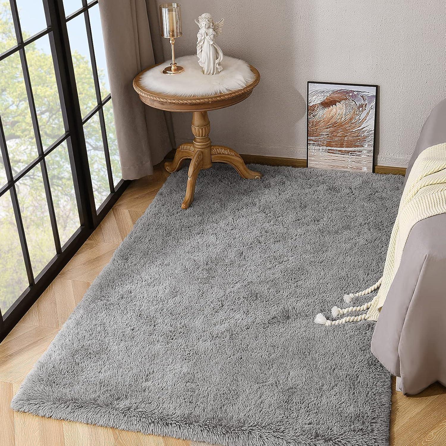 Kimicole Grey Area Rugs for Bedroom Living Room, 4x5.9 Soft Fluffy Shaggy Rug, Non-Slip Fuzzy Furry Rugs for Nursery Kids Room Dorm Room Home Decor, High Pile Indoor Plush Floor Carpet