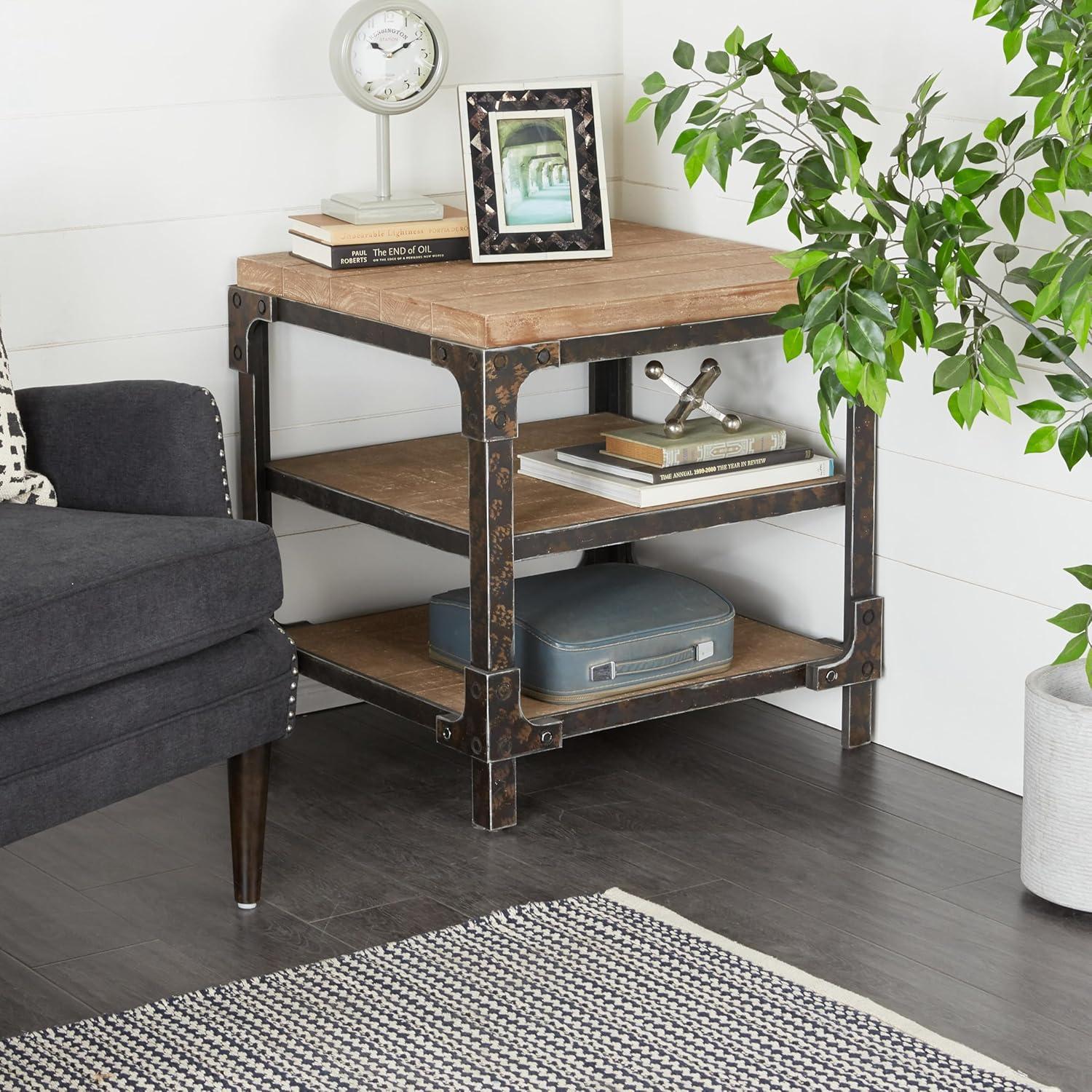 Industrial 3 Tier Side Table Brown - Olivia & May: Sturdy Wood Frame, Fixed Shelves, Square Shape