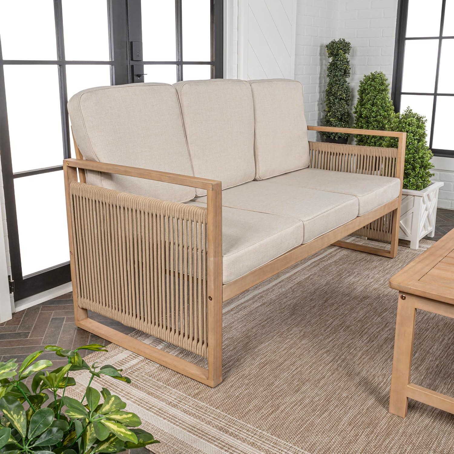 Gable Beige and Light Teak Roped Acacia Wood Outdoor Sofa with Cushions