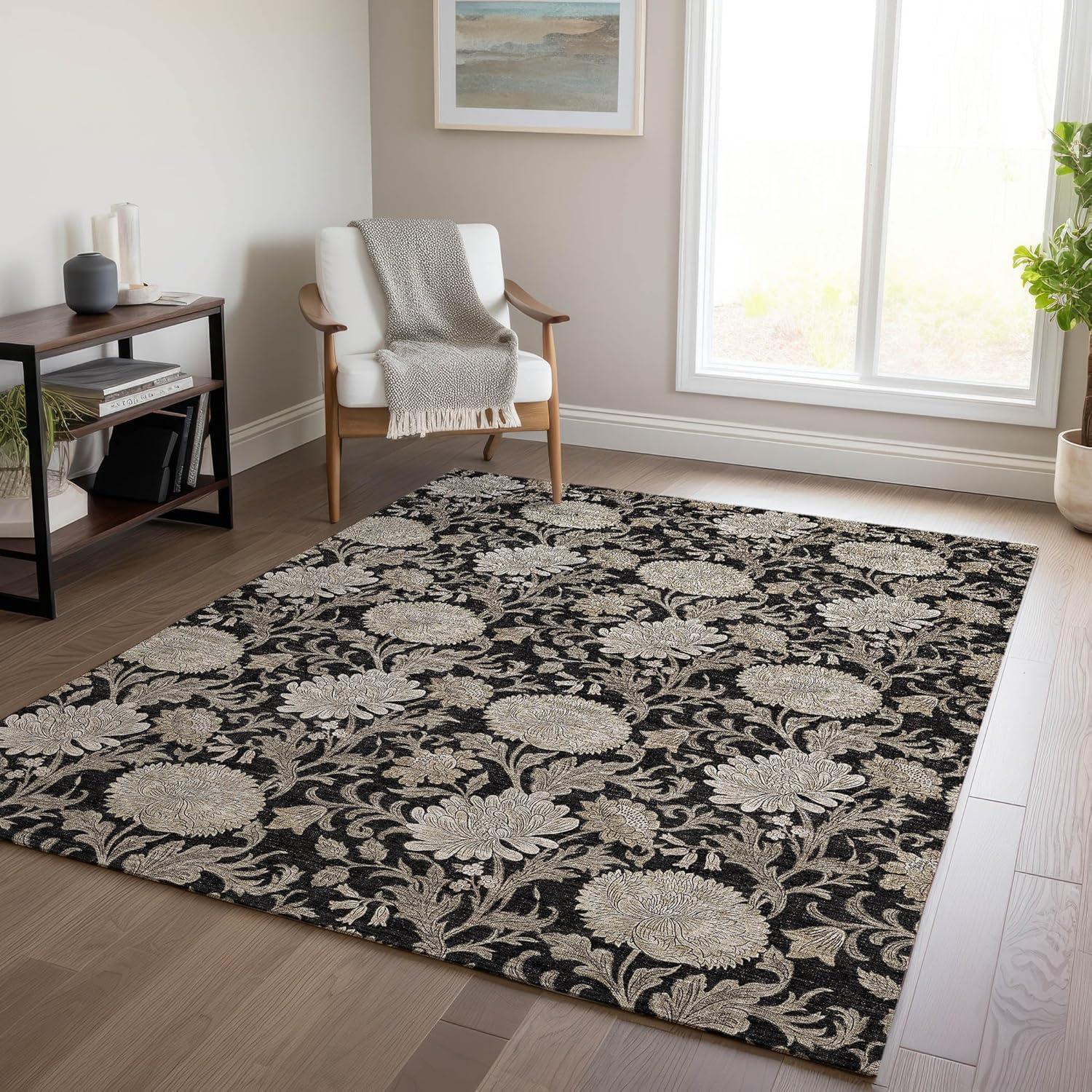 Black Floral Synthetic 5' x 7' Washable Area Rug