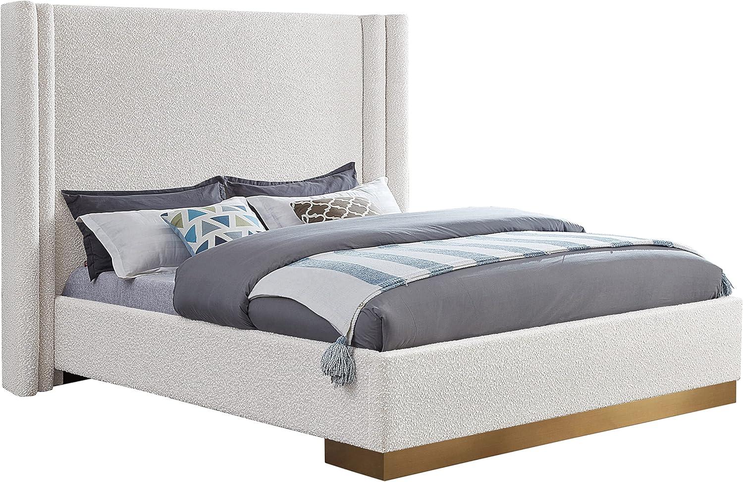 Cream Boucle Fabric Queen Bed with Brushed Gold Base