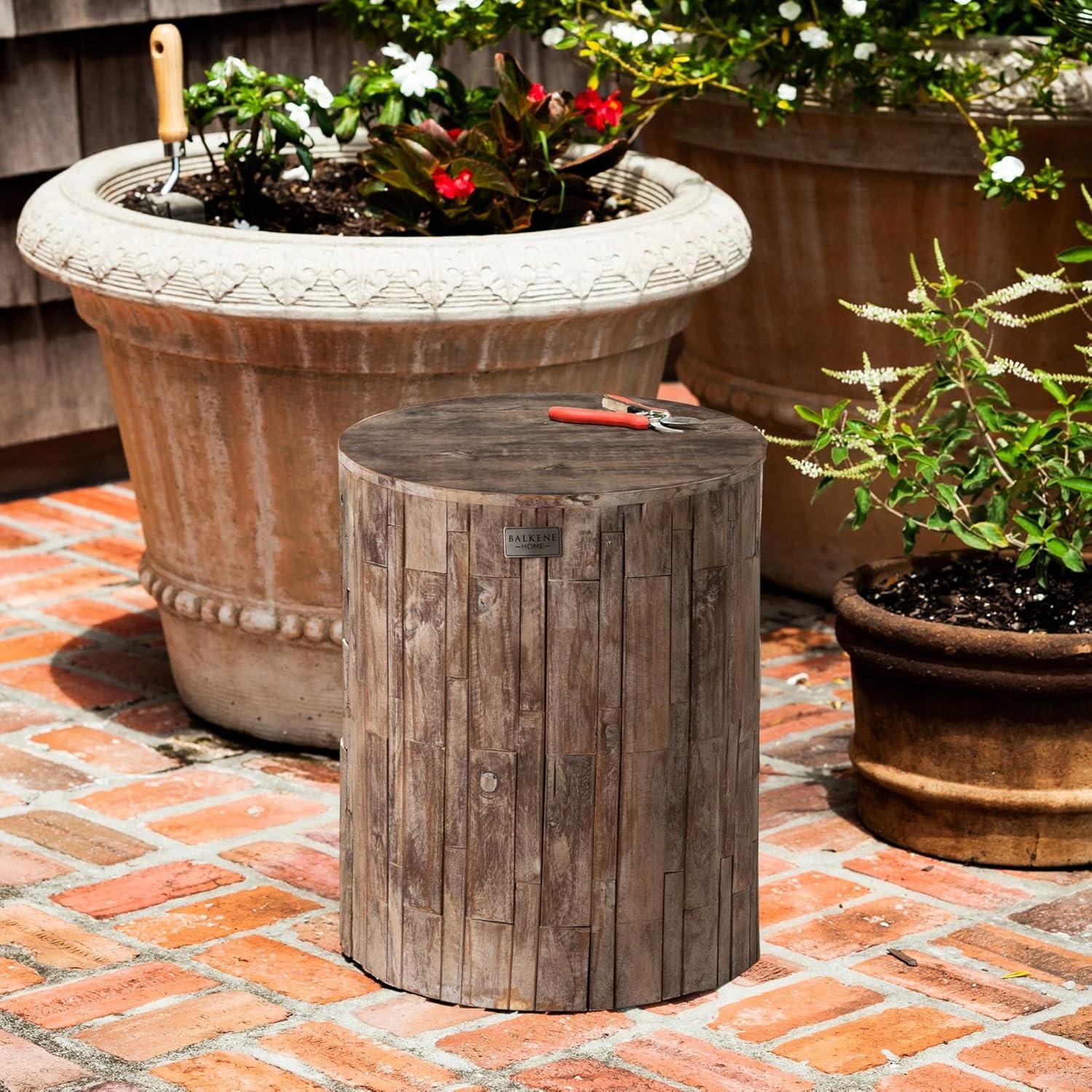 Balkene Home Elyse Round Rustic Garden Stool Wood Outdoor Seating & End Table Portable Outdoor Furniture Seasoned Patina Finish