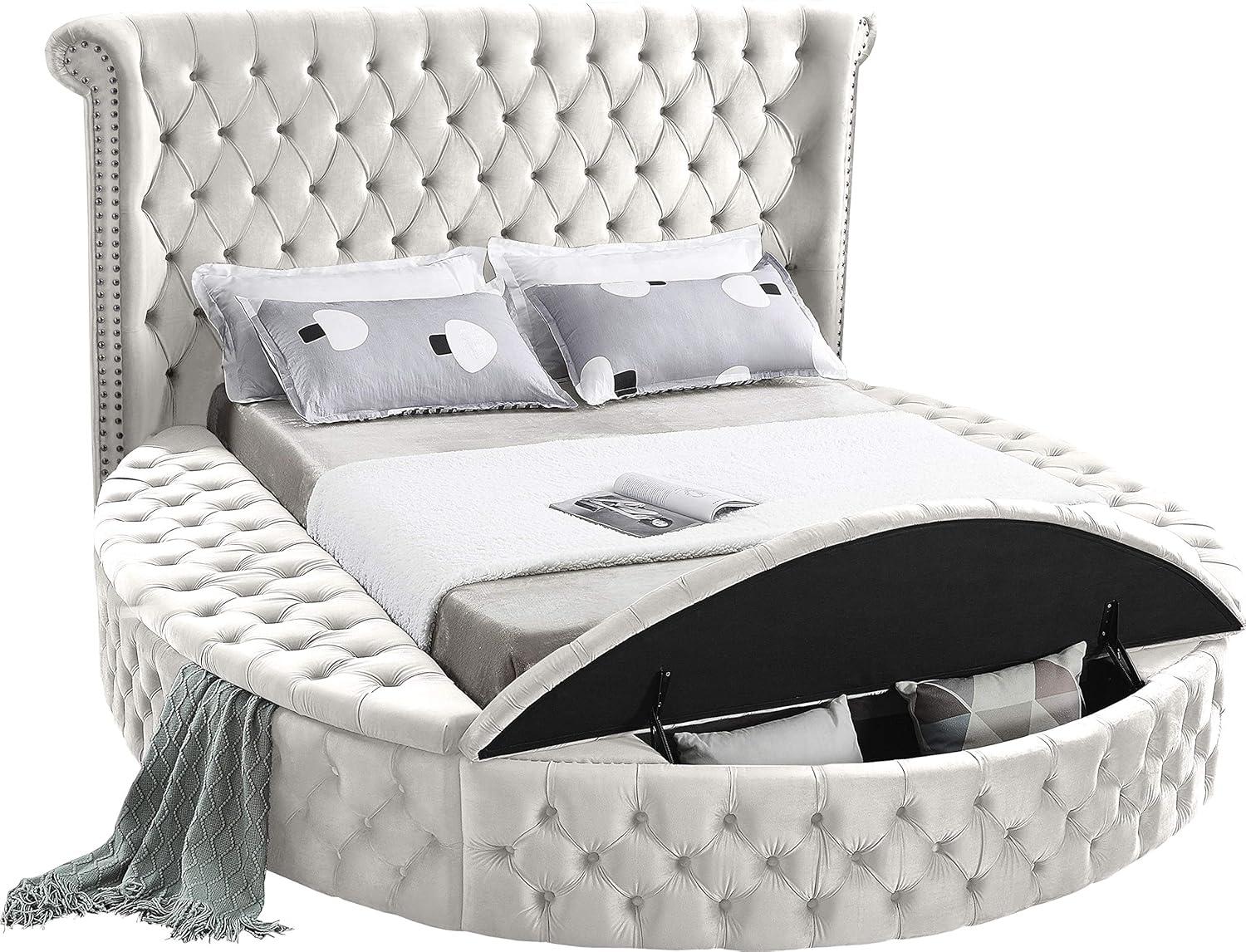 Meridian Furniture King Size Deep Button Tufting Modern Velvet Platform Bed with Storage, Cream