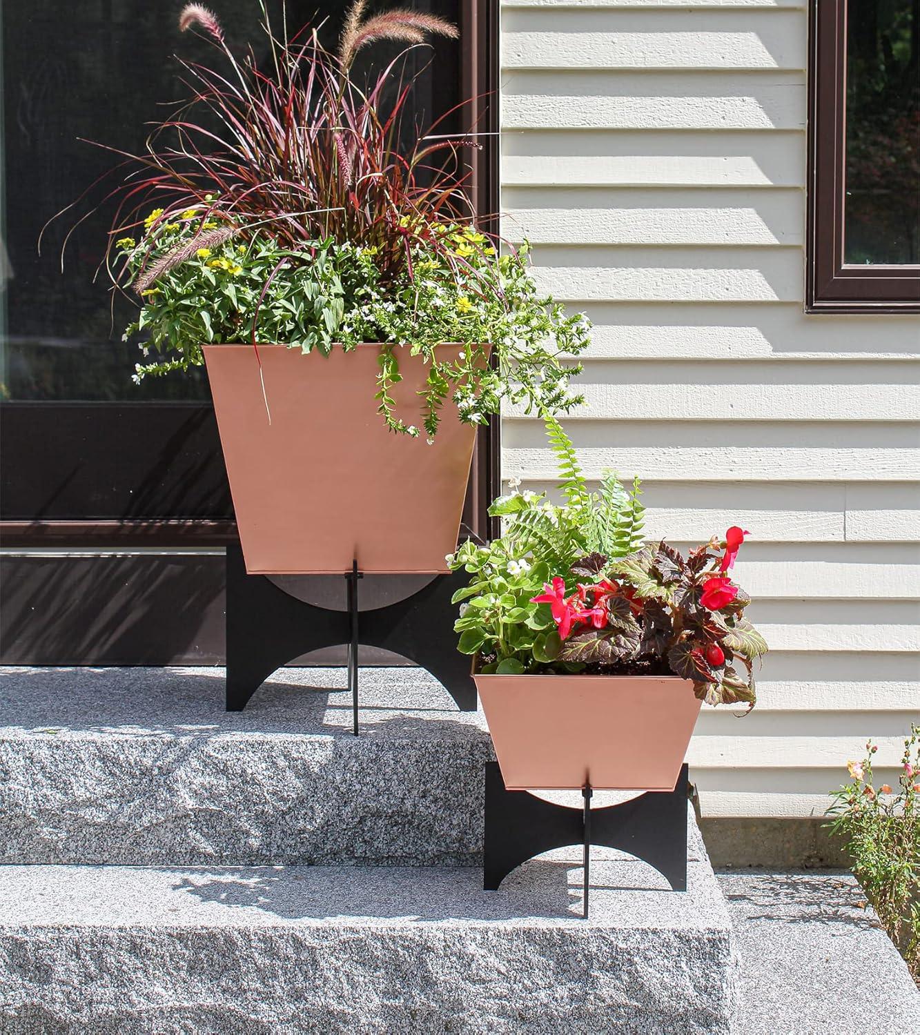 Copper Plated Square Plant Pot with Black Iron Stand