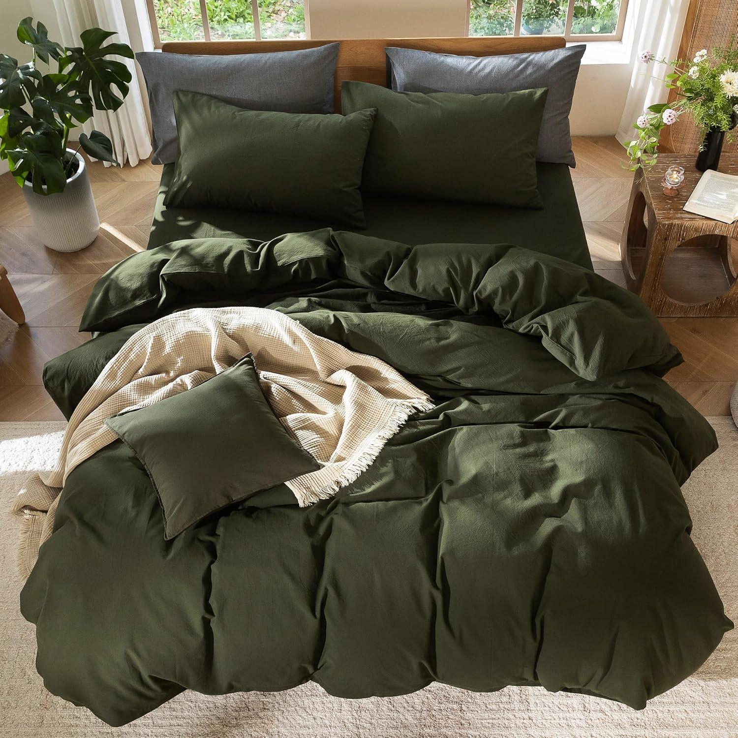 MOOMEE 100% Washed Cotton Linen Like Textured Duvet Cover Set