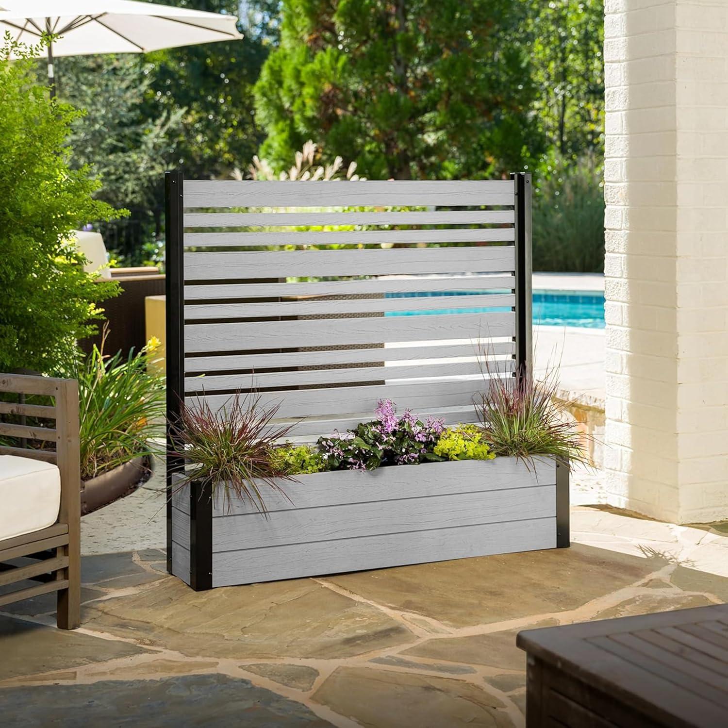 44in H x 46in W x 9.5in L (1 Screen w/ Planter) Freestanding Enclo Florence Ash Color Privacy Fence Screen with Planter Box, Outdoor Vinyl Privacy Screen Panel for Patio & Air Conditioner, EC18007