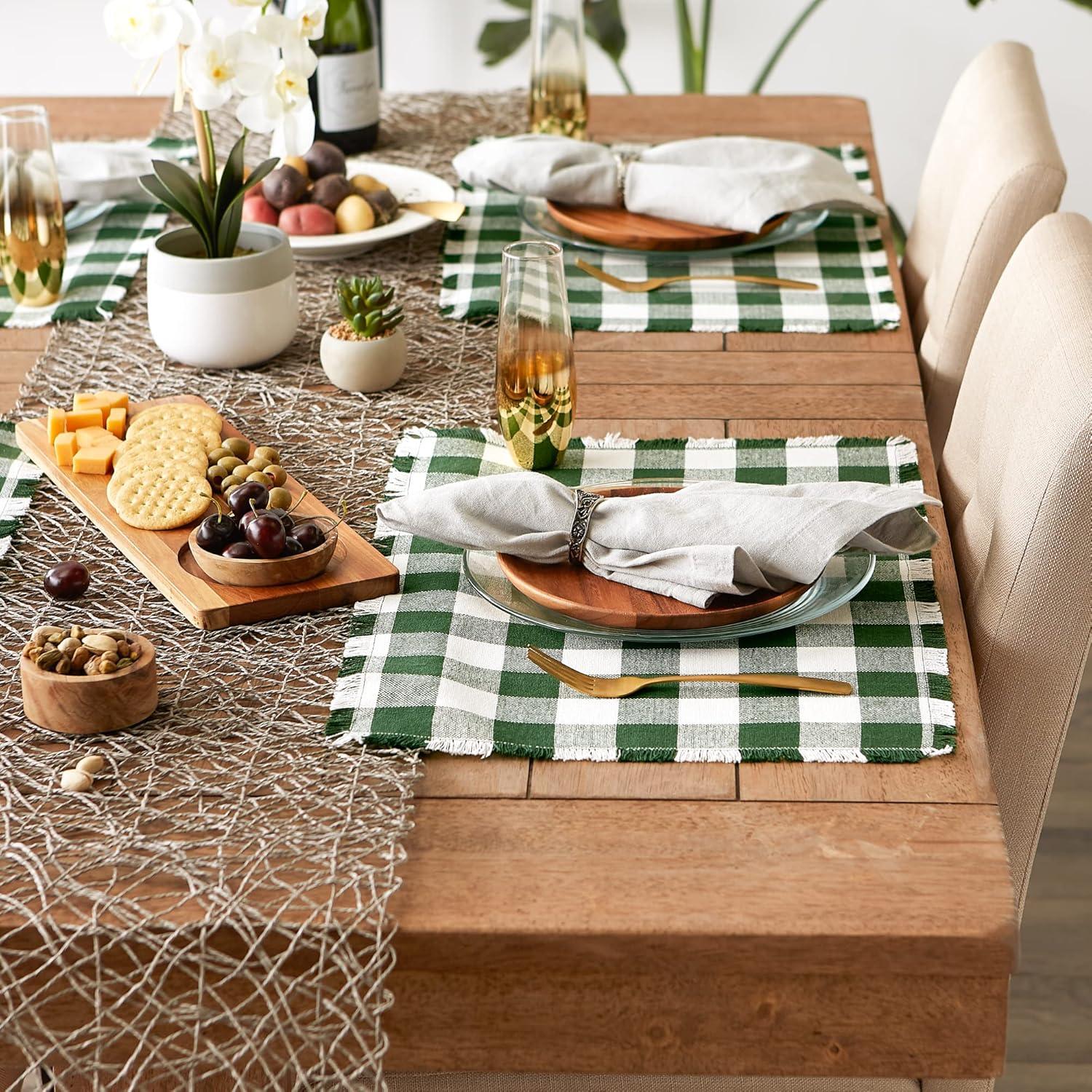 Hunter Green and White Cotton Checkered Fringed Placemats, Set of 6