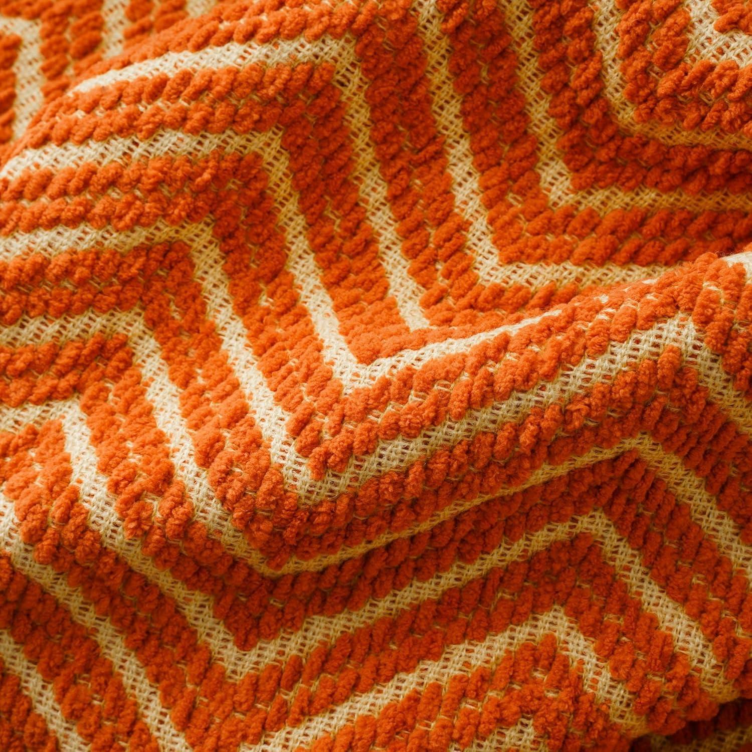 Orange Knitted Reversible Chenille Throw Blanket with Fringe, 50"x60"