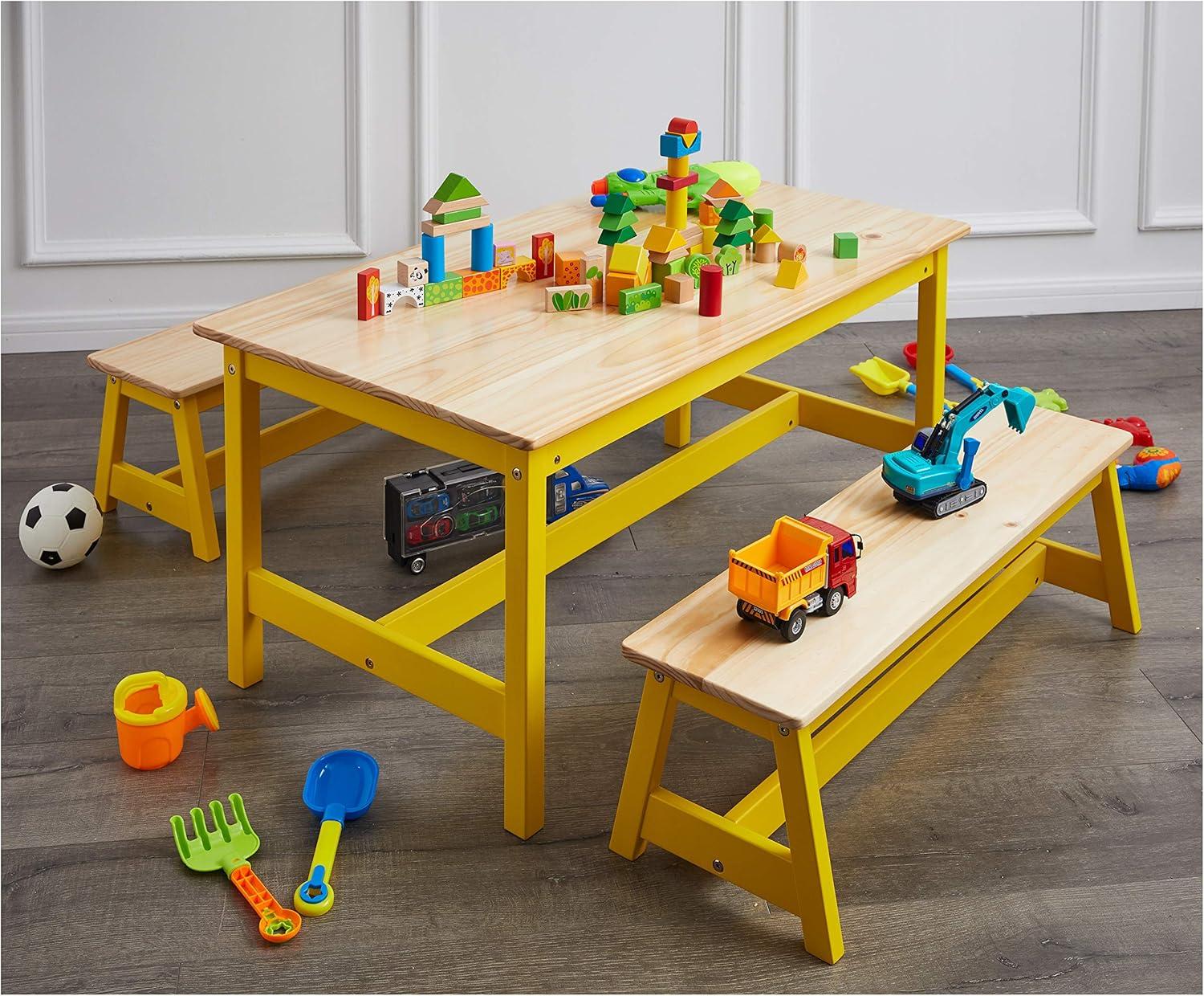 Natural Pine Indoor Kids Table and Yellow Bench Set