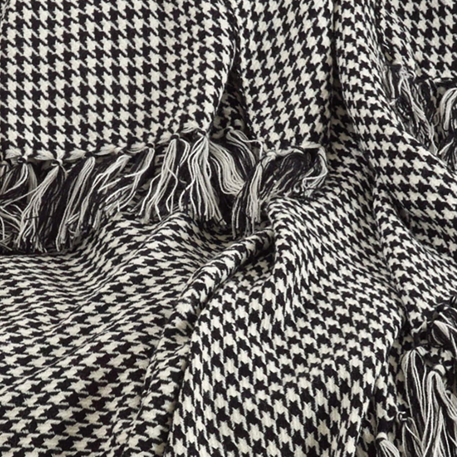 Black and White Houndstooth Reversible Throw with Fringe