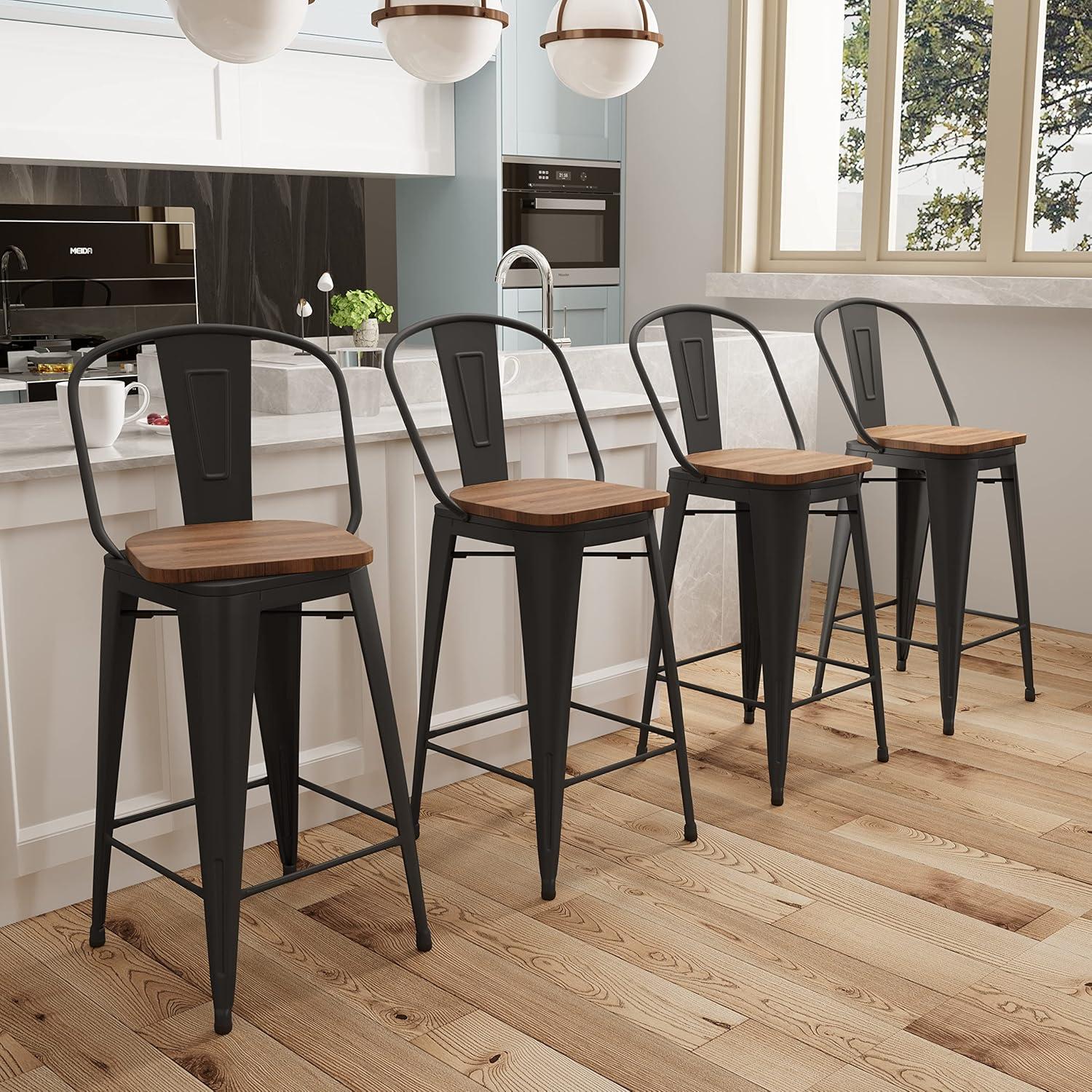 Set of 4 Black Metal and Wood Counter Height Bar Stools