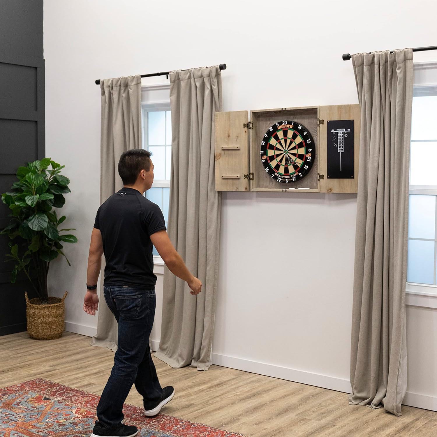 Rustic Wheat-Finished Barnwood Dartboard Cabinet with Brass Hardware