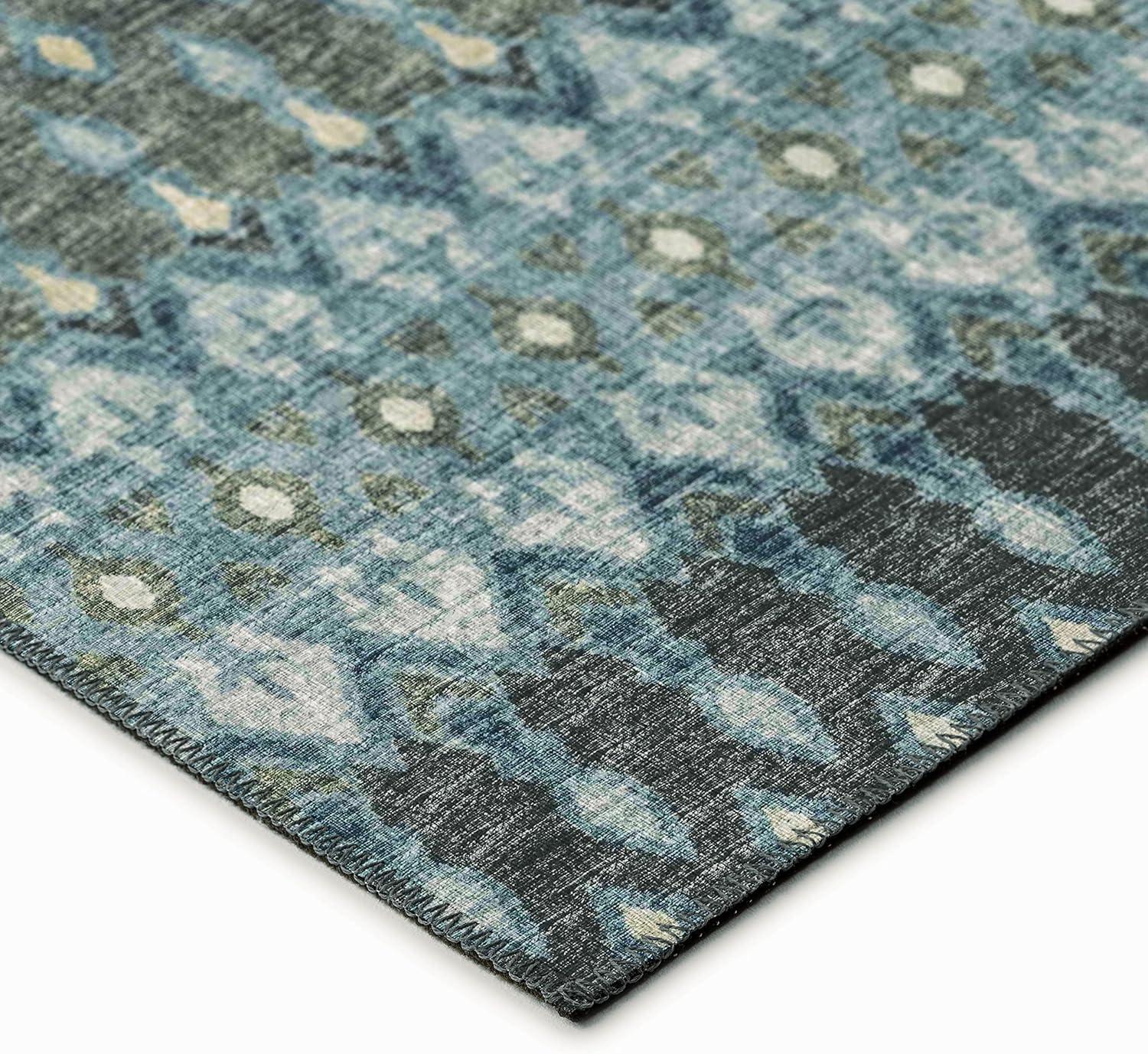 Moody Blue Chenille Geometric Washable Area Rug 3' x 5'