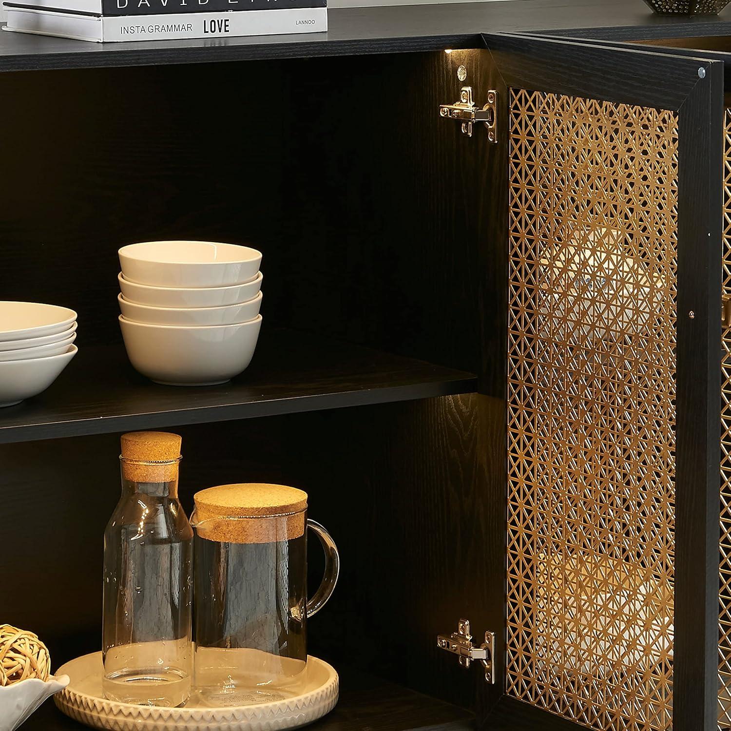 61.7''W Four Door Wood Buffets and Sideboards Storage Cabinet with LED Light Black