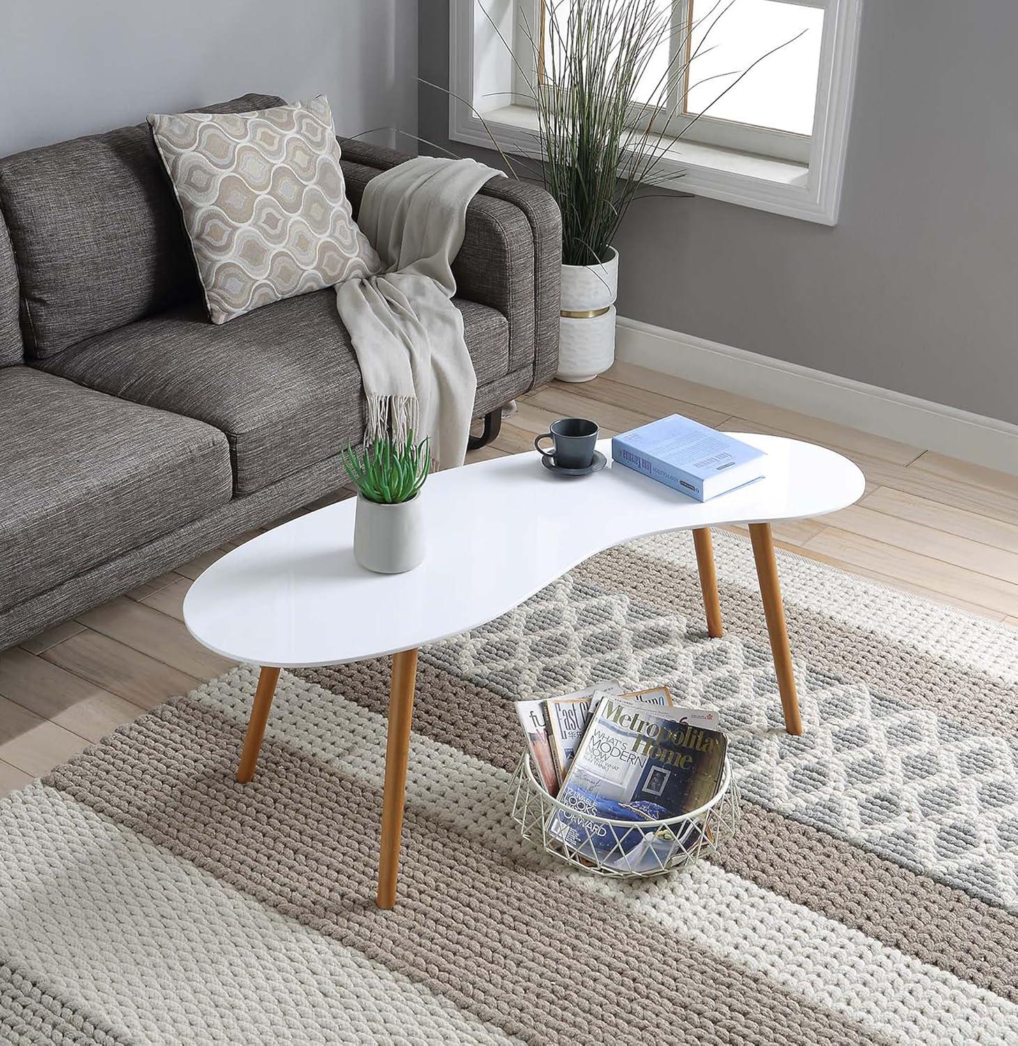 Convenience Concepts Oslo Bean-Shaped Coffee Table in Glossy White Wood Finish